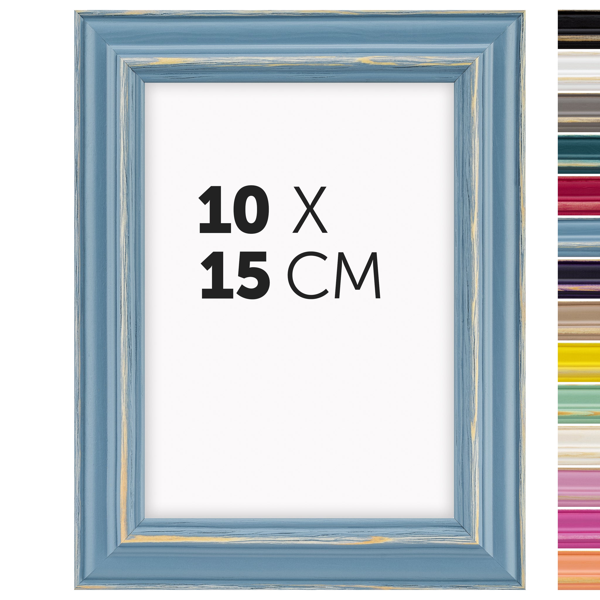 DÖRR Holz Bilderrahmen Boho in Hellblau im Vintage-Stil, mit Bildformat 10x15 cm und Detailansicht der vierzehn Farbvarianten