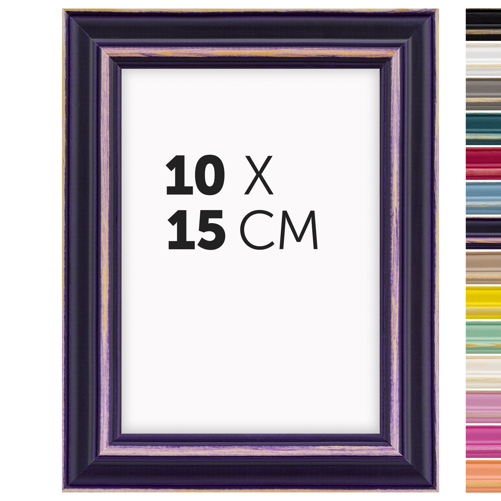 DÖRR Holz Bilderrahmen Boho in Lila im Vintage-Stil, mit Bildformat 10x15 cm und Detailansicht der vierzehn Farbvarianten