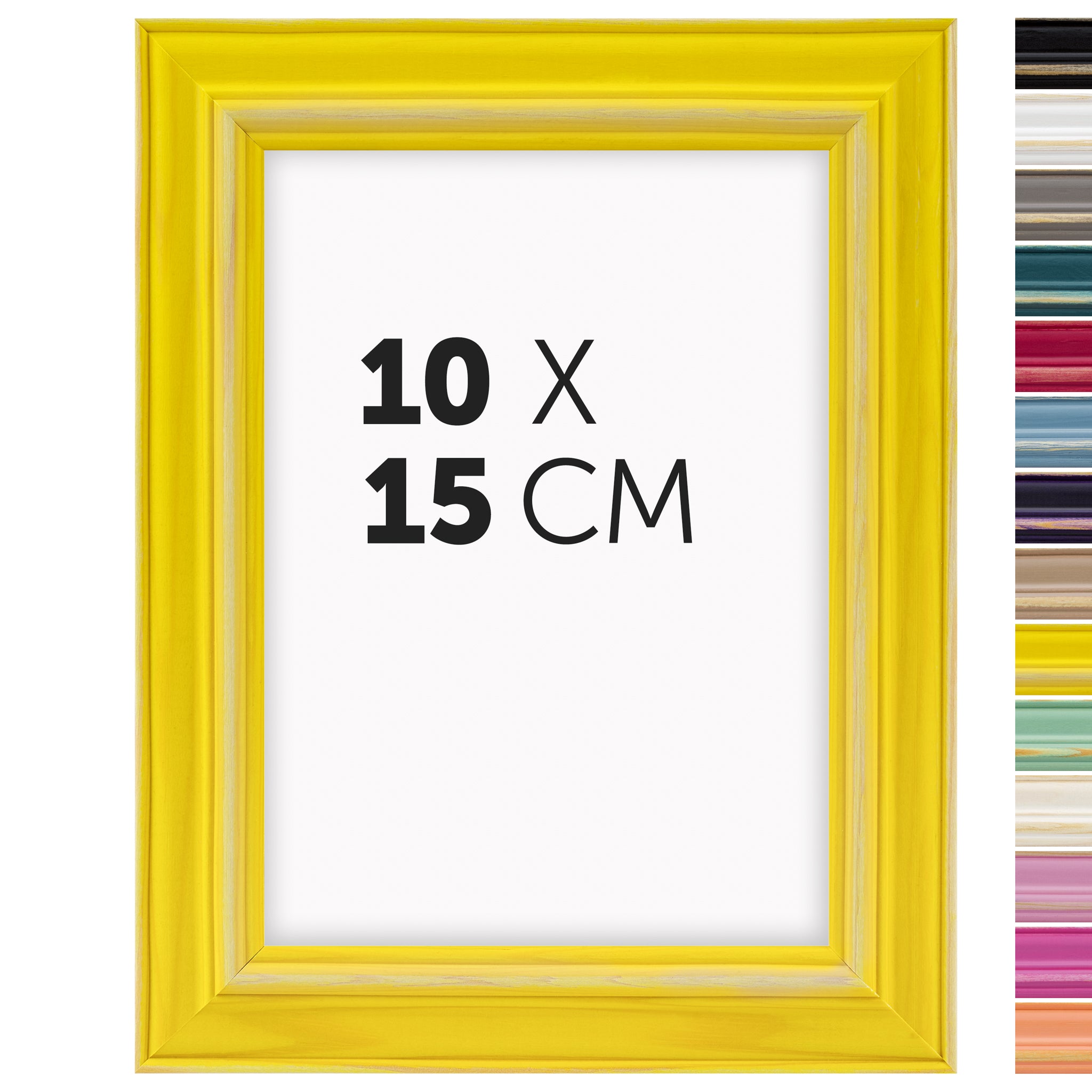 DÖRR Holz Bilderrahmen Boho in Gelb im Vintage-Stil, mit Bildformat 10x15 cm und Detailansicht der vierzehn Farbvarianten
