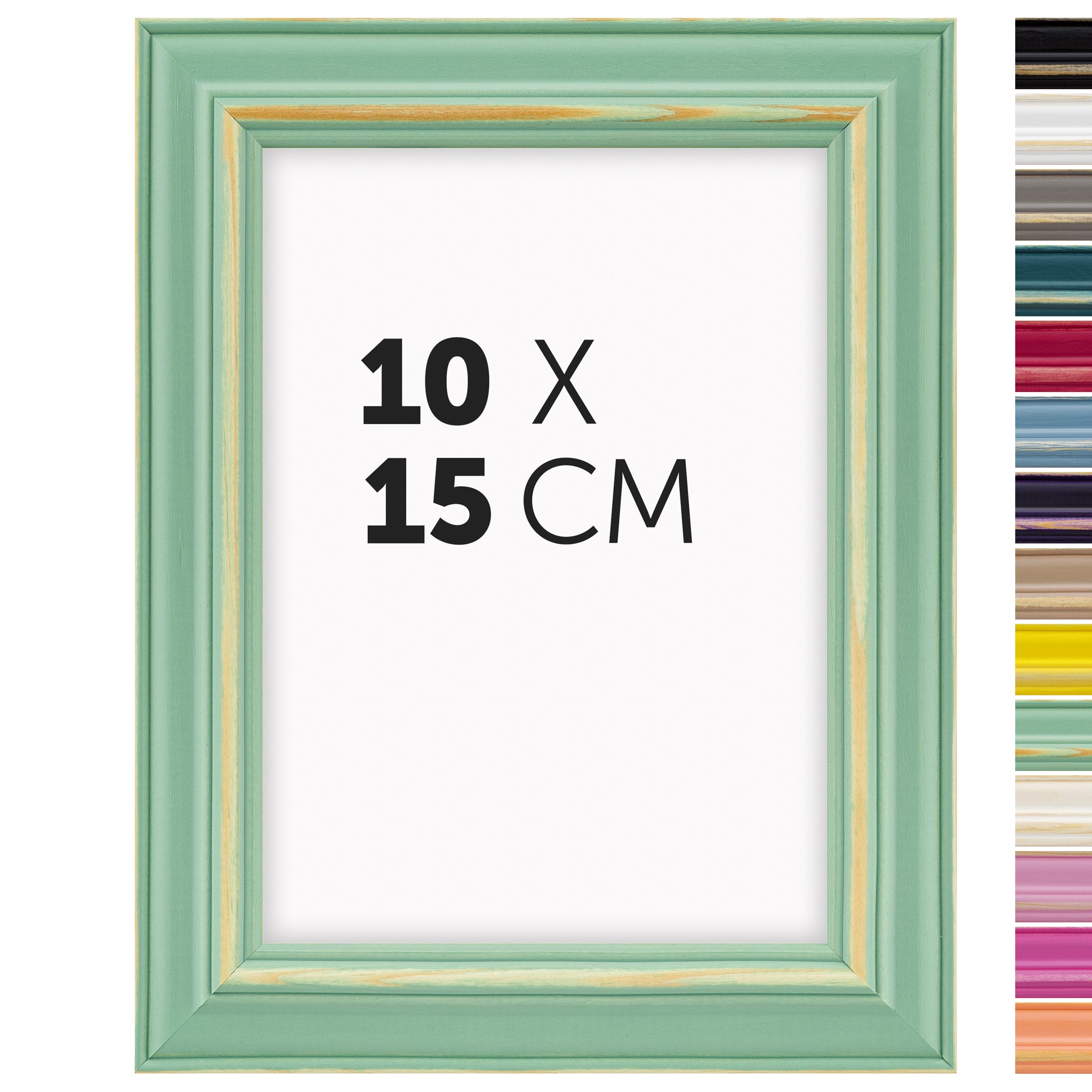 DÖRR Holz Bilderrahmen Boho in Hellgrün im Vintage-Stil, mit Bildformat 10x15 cm und Detailansicht der vierzehn Farbvarianten