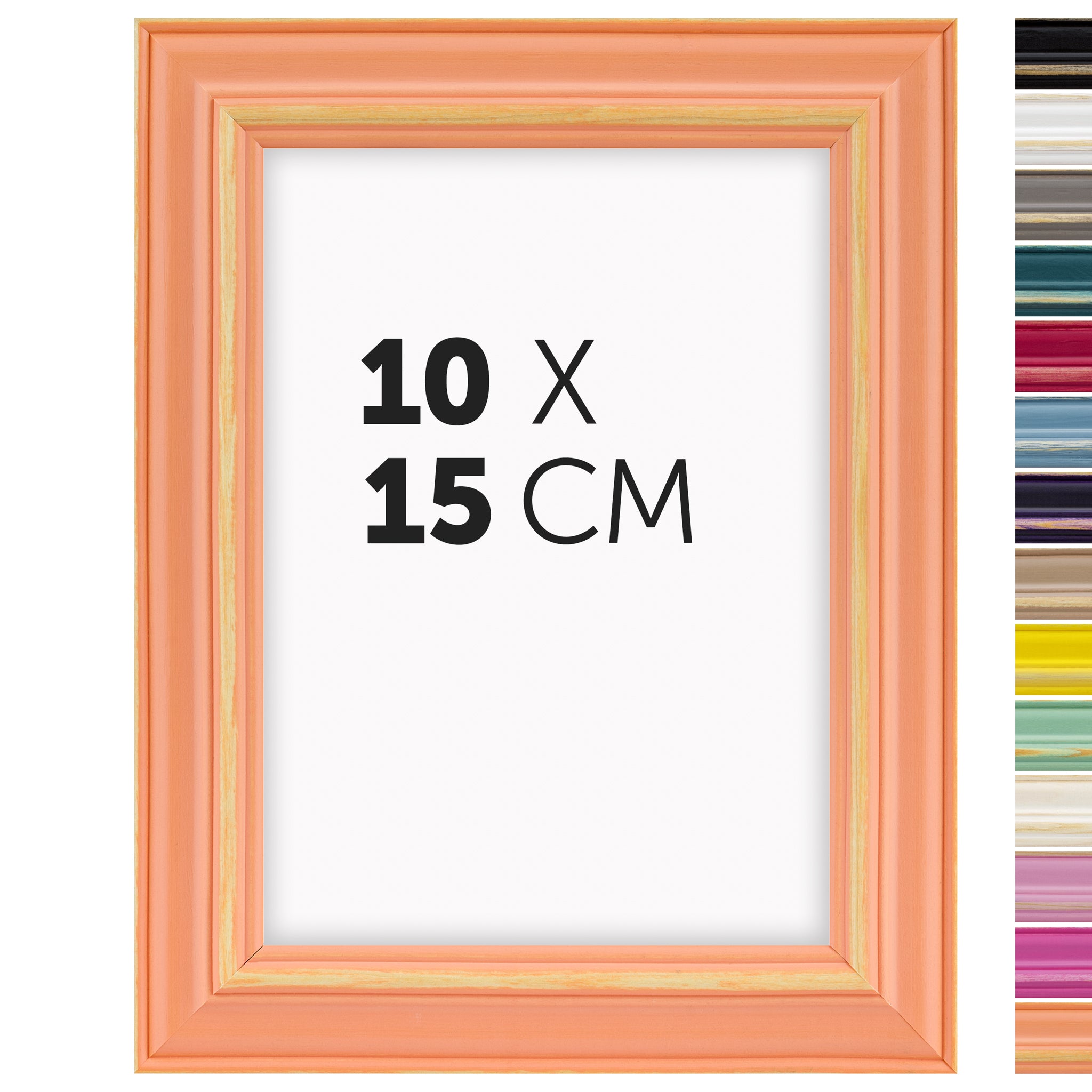 DÖRR Holz Bilderrahmen Boho in Peach im Vintage-Stil, mit Bildformat 10x15 cm und Detailansicht der vierzehn Farbvarianten