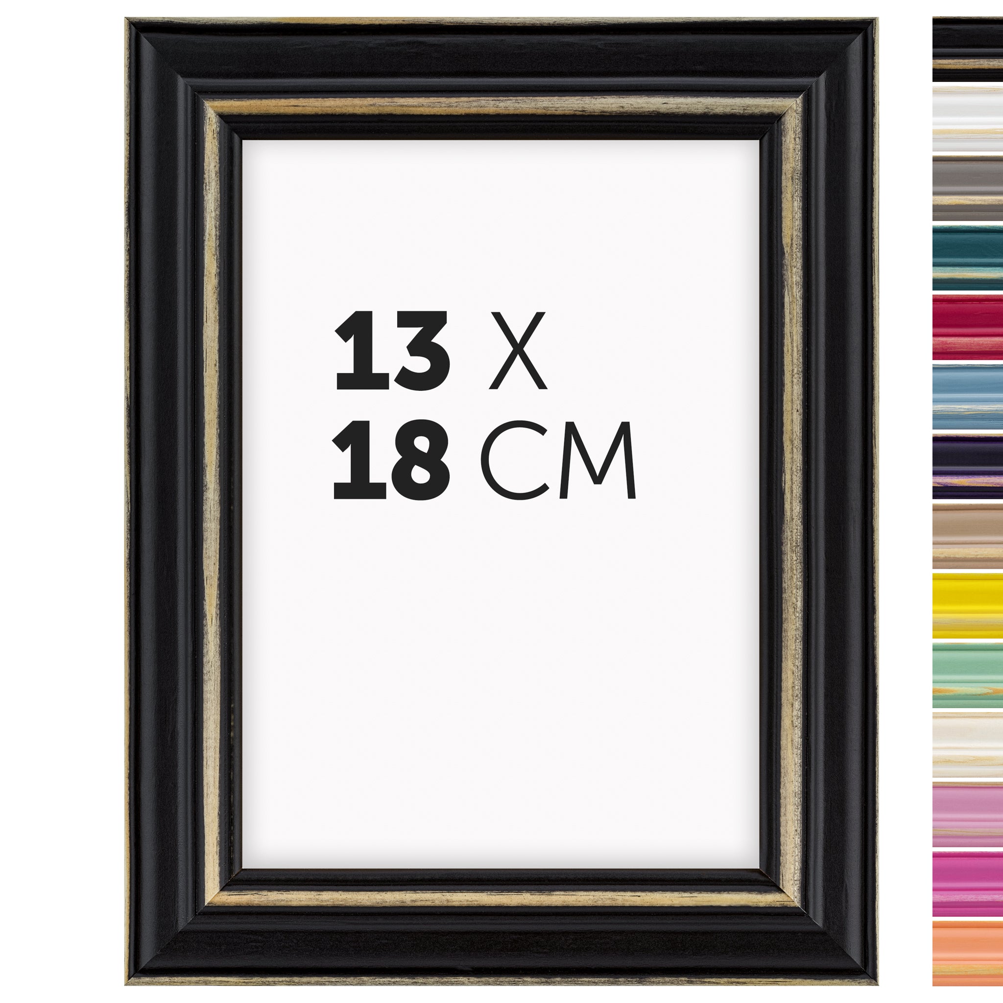 DÖRR Holz Bilderrahmen Boho in Schwarz im Vintage-Stil, mit Bildformat 13x18 cm und Detailansicht der vierzehn Farbvarianten