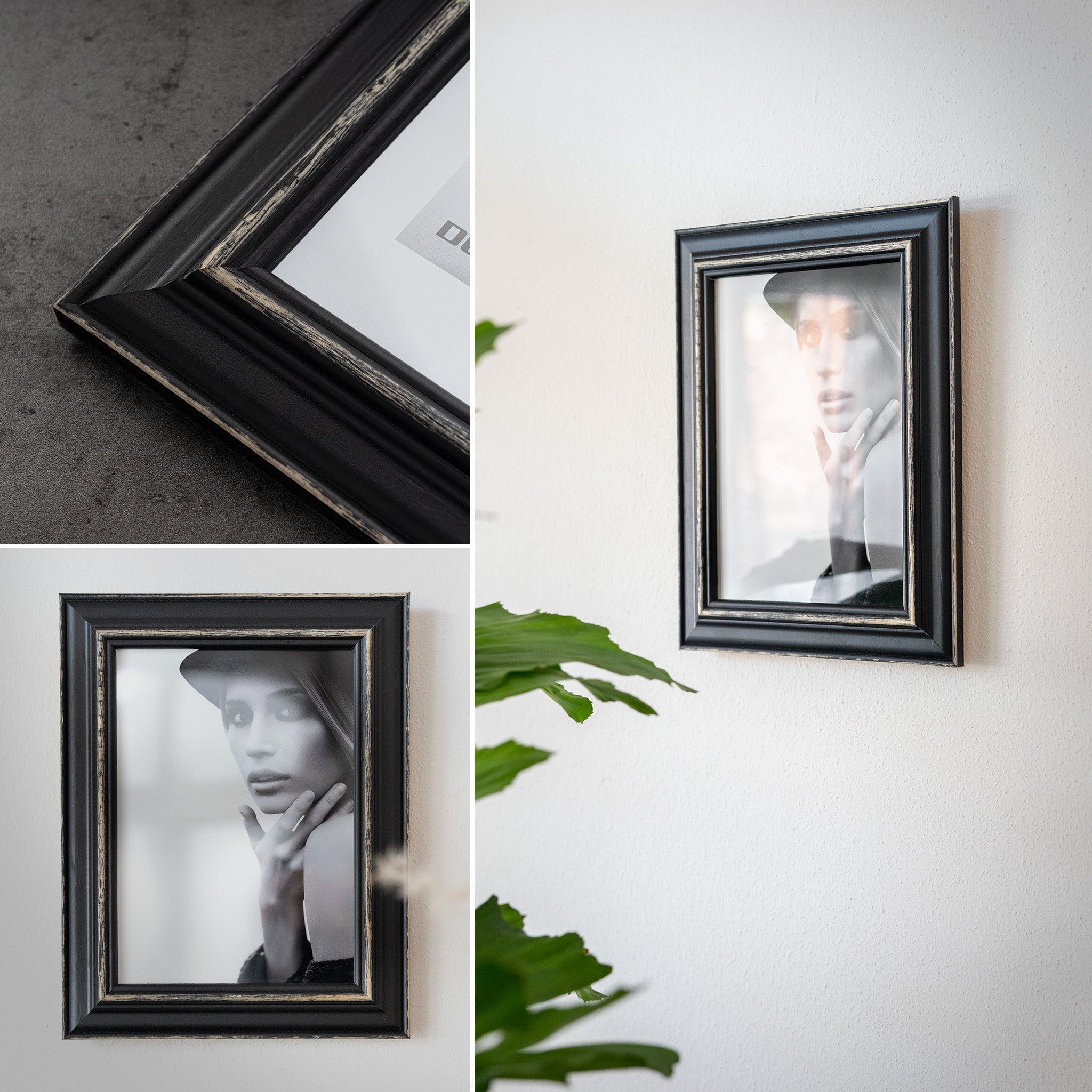 DÖRR Holz Bilderrahmen Boho in Schwarz im Vintage-Stil, an der Wand aufgehängt, mit Detailansicht der strukturierten Leiste