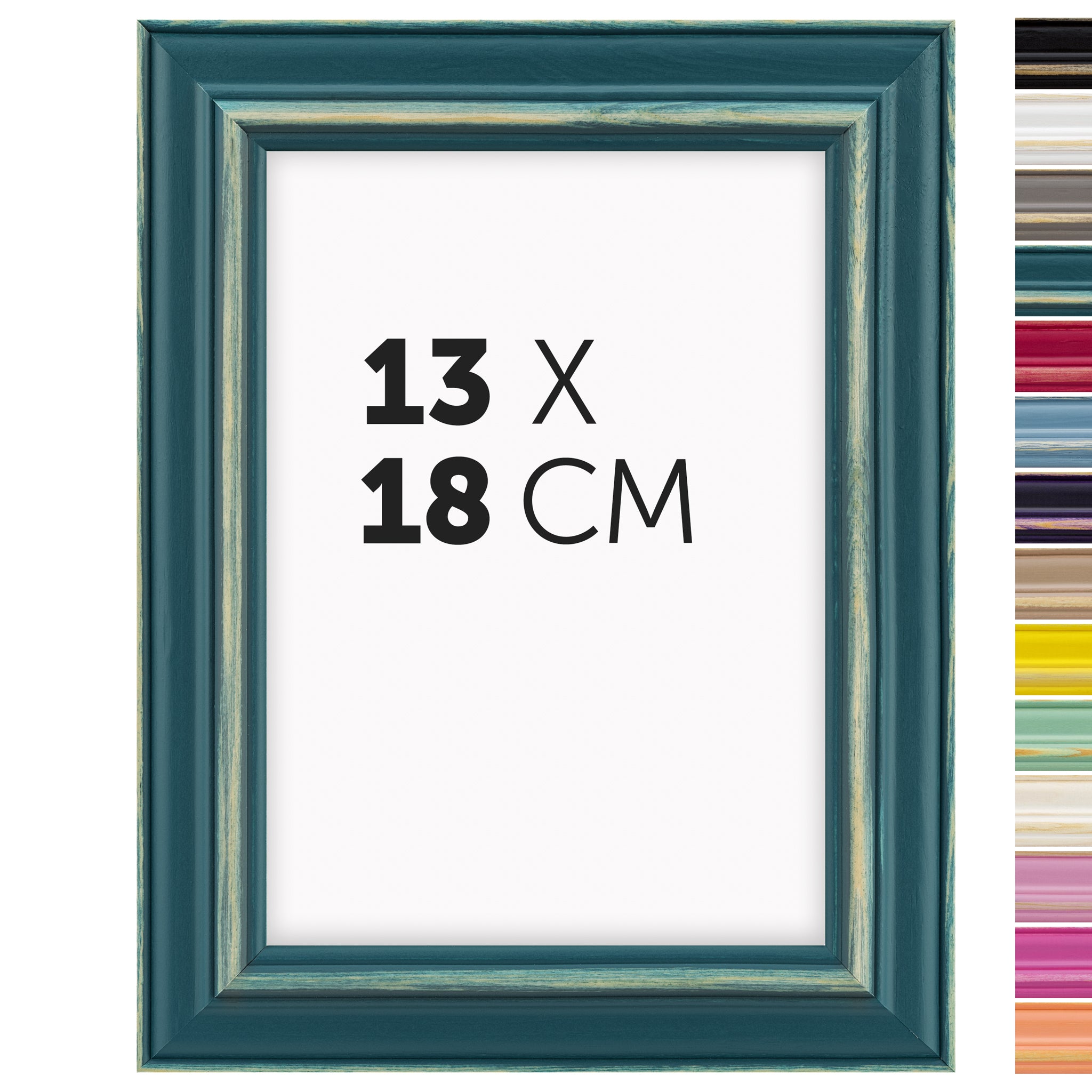 DÖRR Holz Bilderrahmen Boho in Petrol im Vintage-Stil, mit Bildformat 13x18 cm und Detailansicht der vierzehn Farbvarianten
