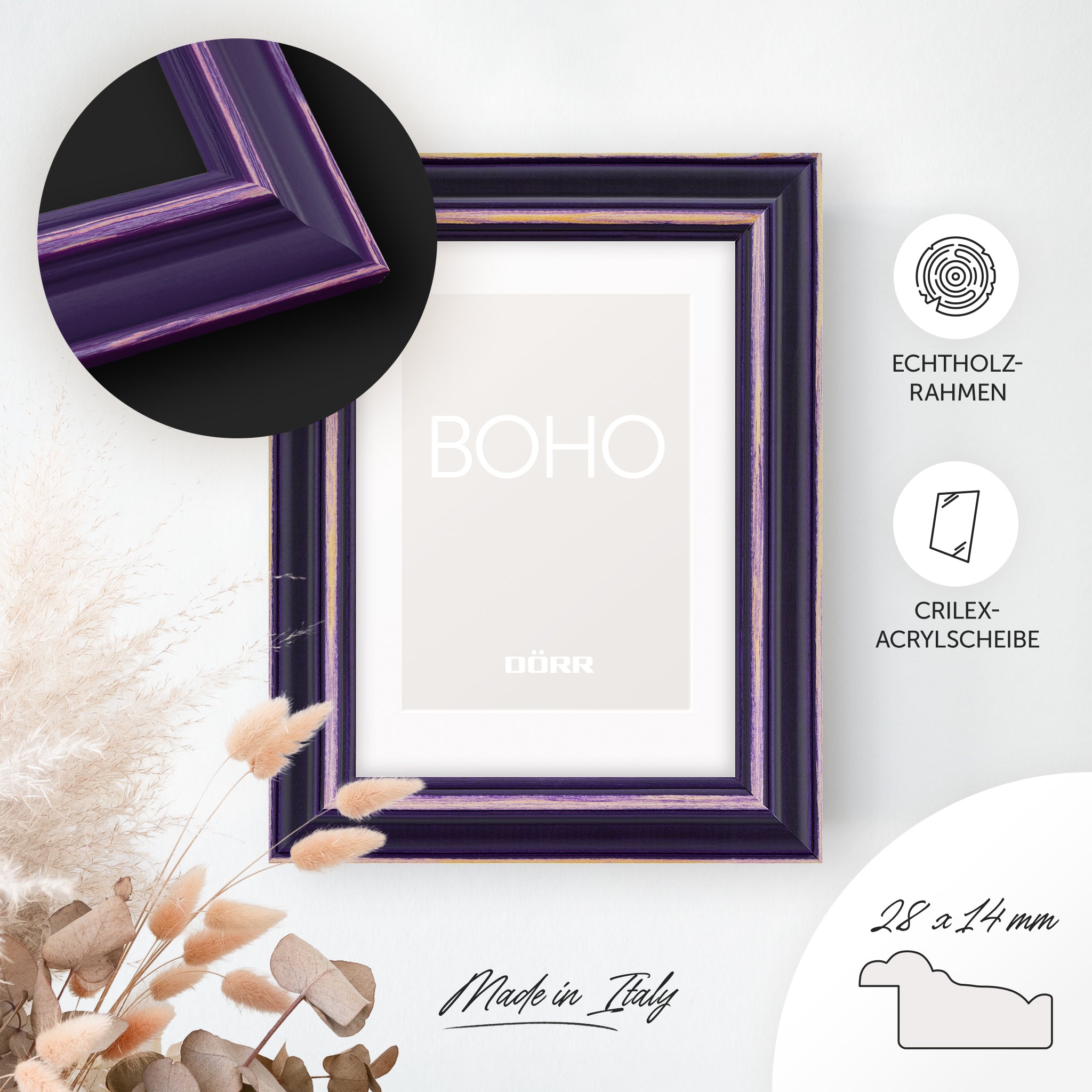 DÖRR Holz-Bilderrahmen Boho in Lila im Vintage-Stil, an der Wand aufgehängt, mit Detailansicht der strukturierten Leiste