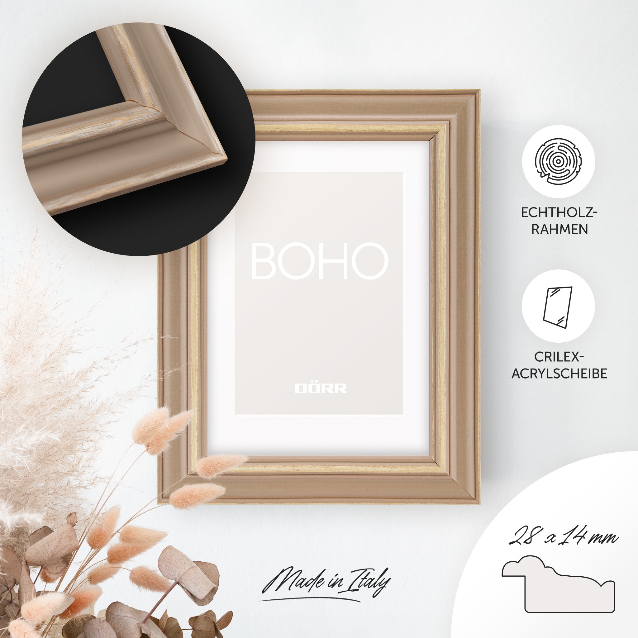 DÖRR Holz-Bilderrahmen Boho in Braun im Vintage-Stil, an der Wand aufgehängt, mit Detailansicht der strukturierten Leiste