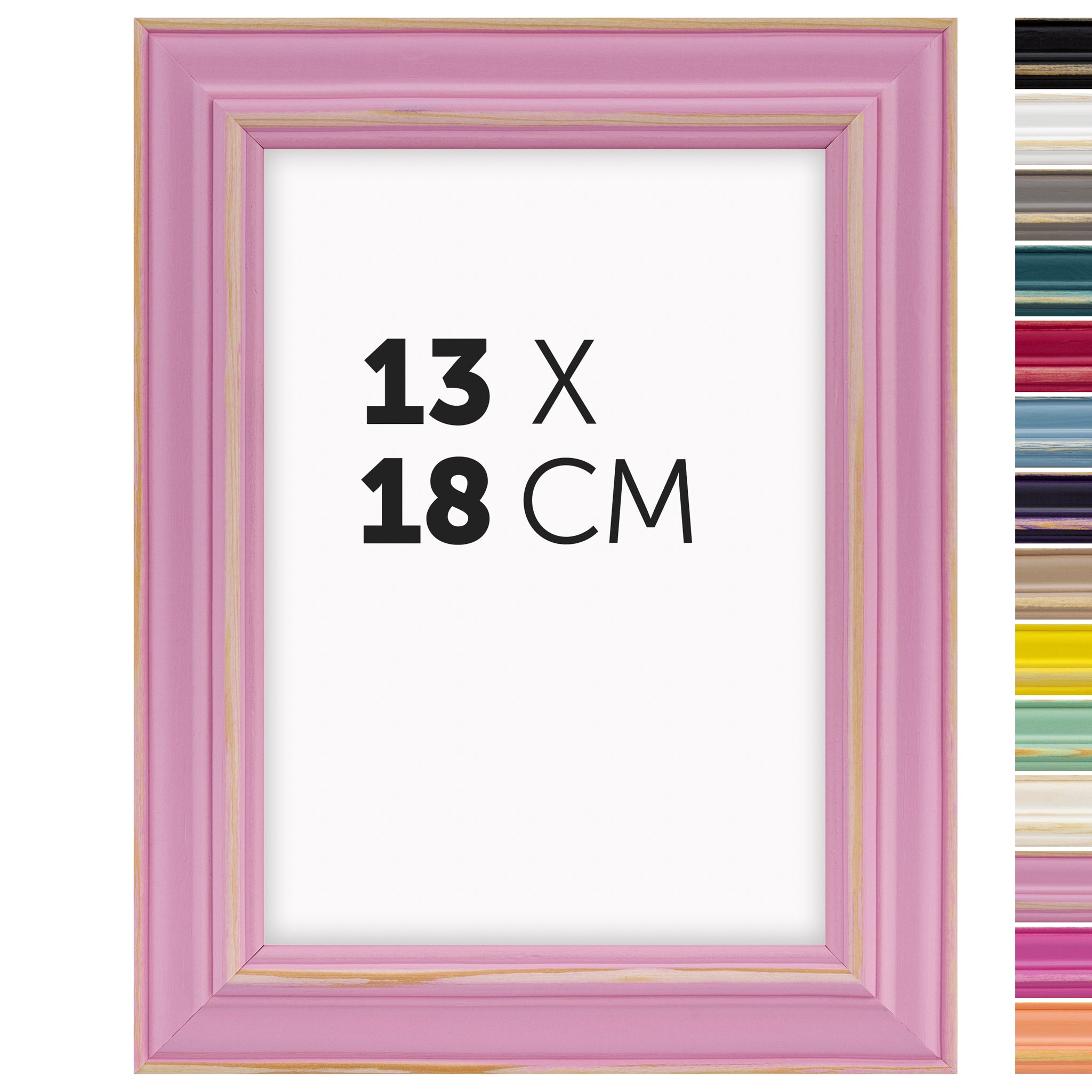 DÖRR Holz Bilderrahmen Boho in Rosa im Vintage-Stil, mit Bildformat 13x18 cm und Detailansicht der vierzehn Farbvarianten