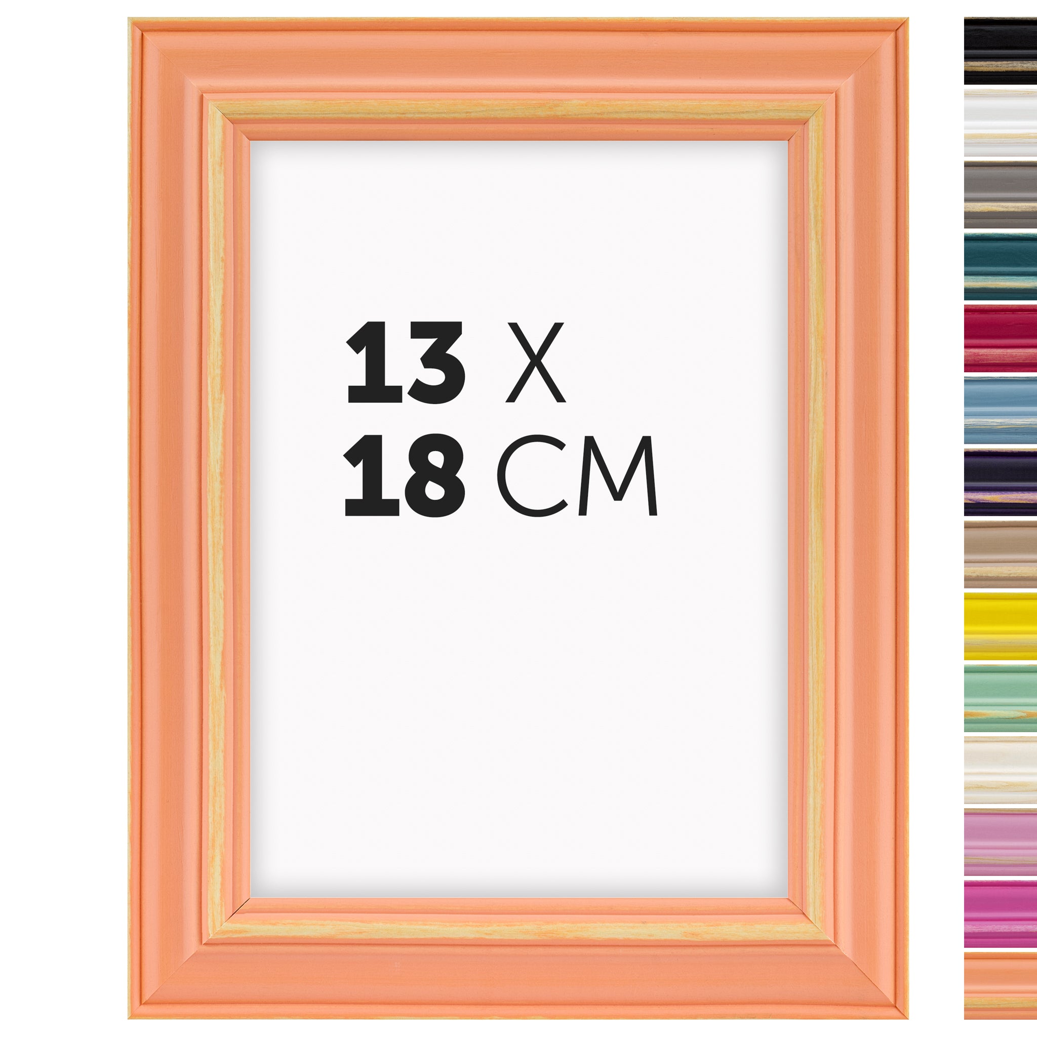 DÖRR Holz Bilderrahmen Boho in Peach im Vintage-Stil, mit Bildformat 13x18 cm und Detailansicht der vierzehn Farbvarianten