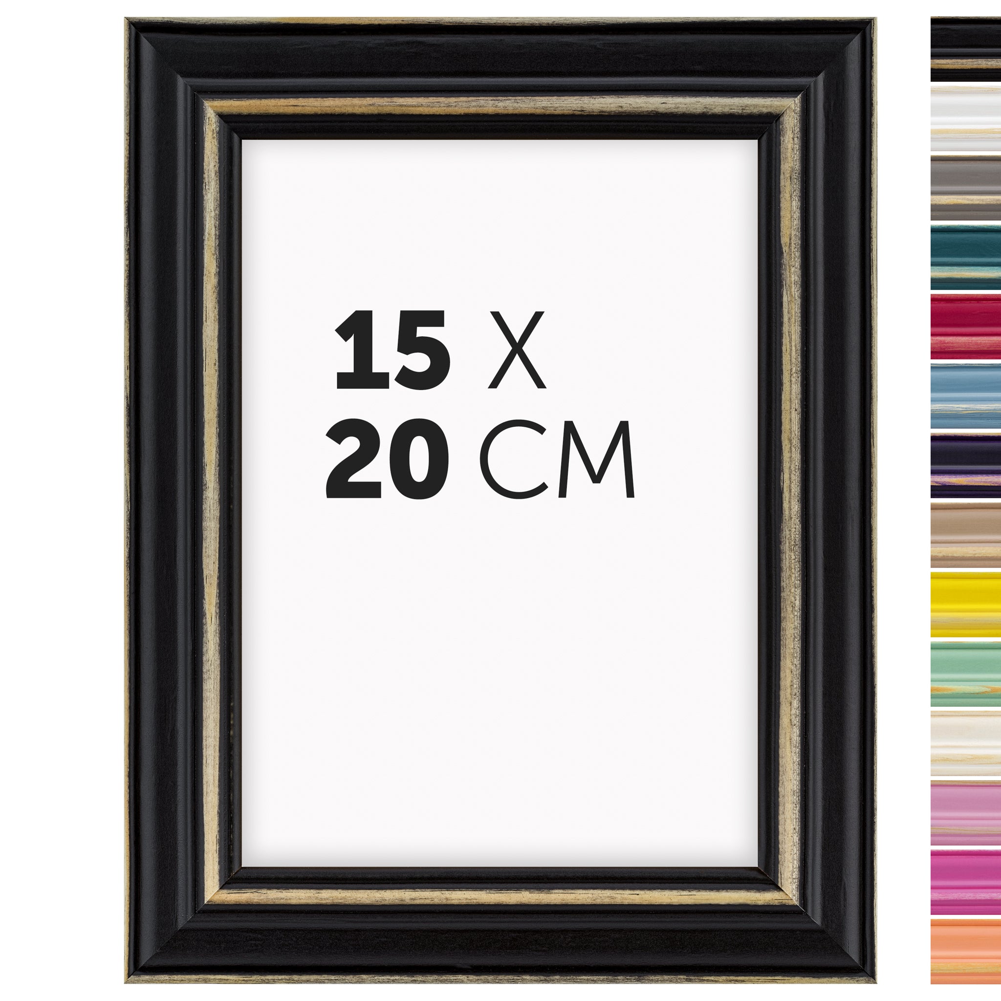DÖRR Holz Bilderrahmen Boho in Schwarz im Vintage-Stil, mit Bildformat 15x20 cm und Detailansicht der vierzehn Farbvarianten