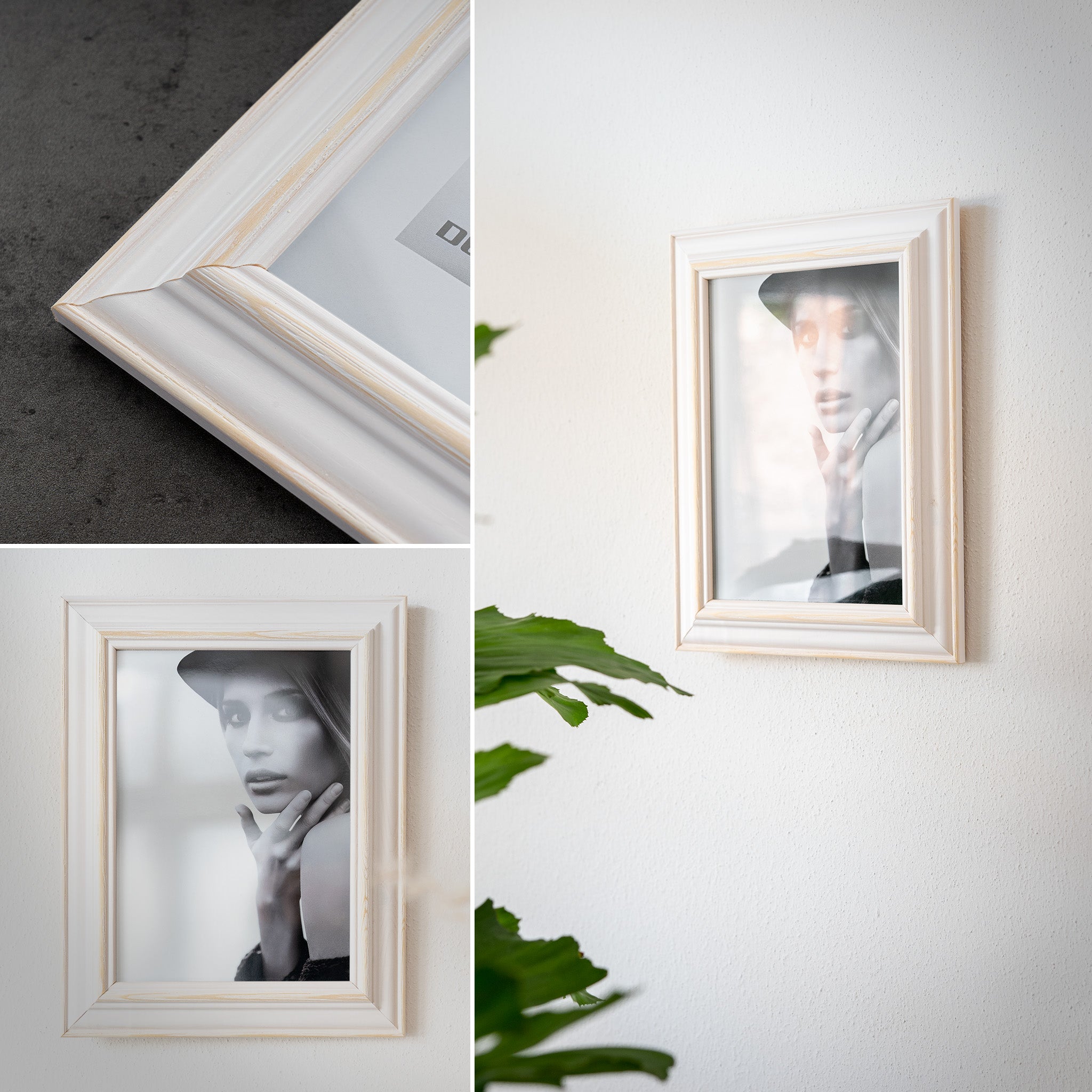 DÖRR Holz Bilderrahmen Boho in Weiß im Vintage-Stil, an der Wand aufgehängt, mit Detailansicht der strukturierten Leiste