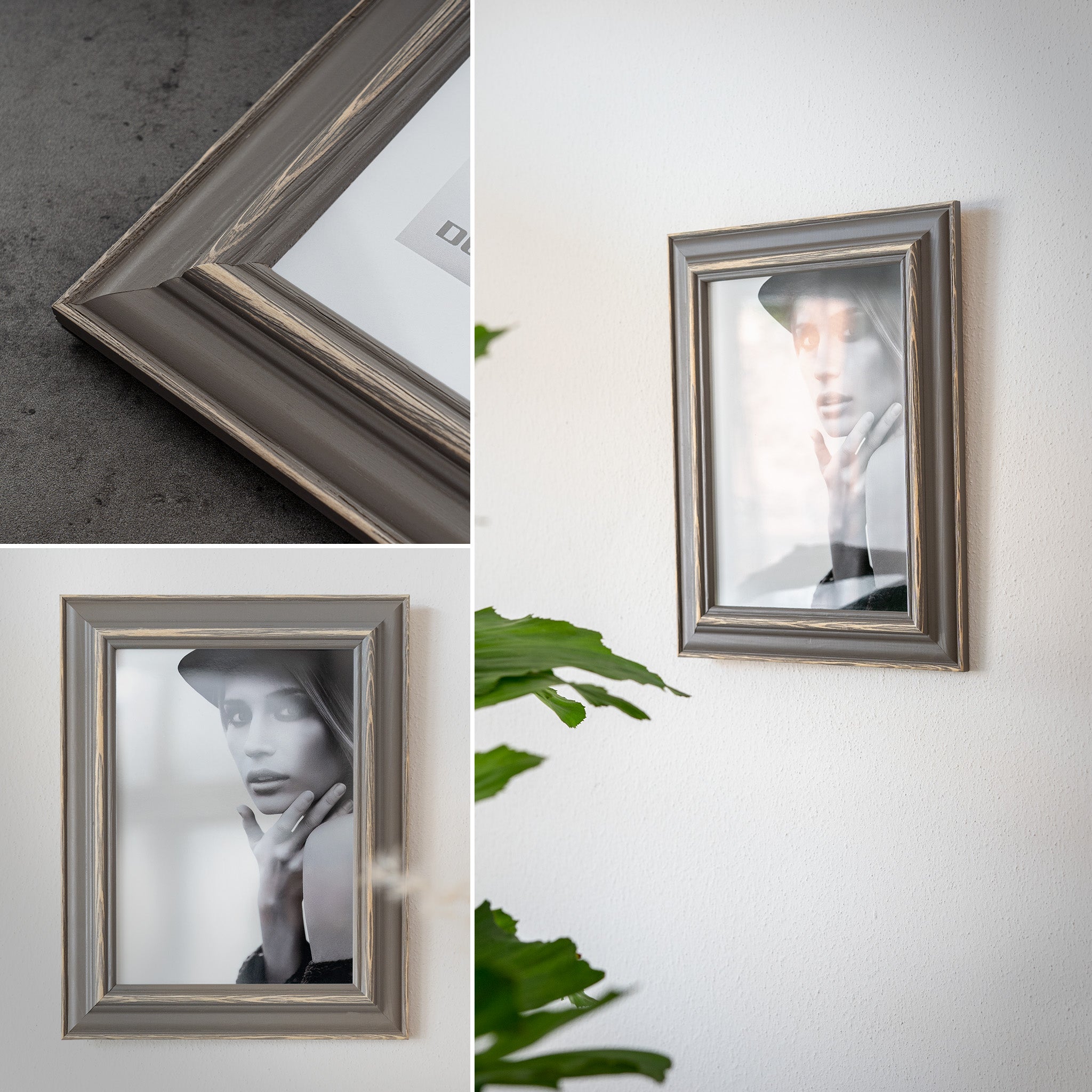 DÖRR Holz Bilderrahmen Boho in Grau im Vintage-Stil, an der Wand aufgehängt, mit Detailansicht der strukturierten Leiste