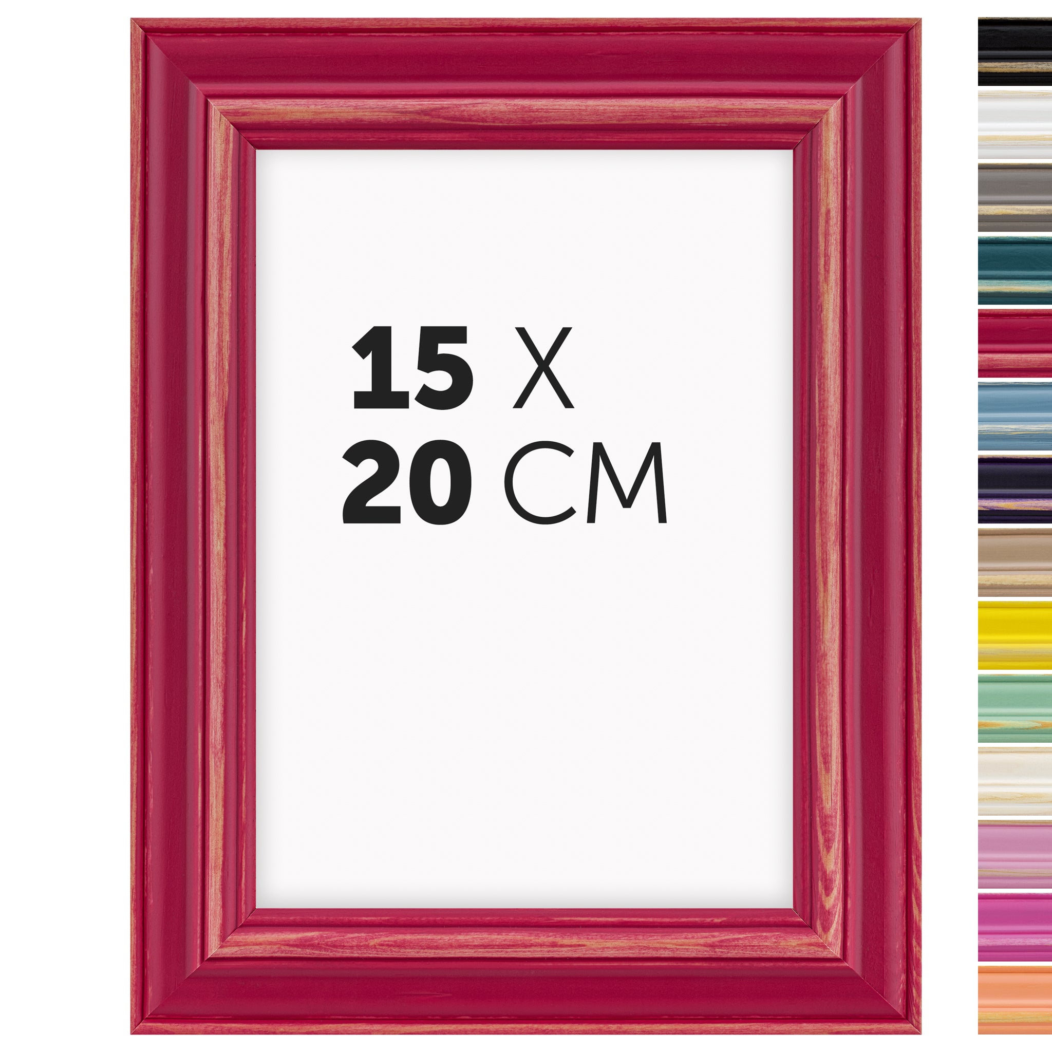 DÖRR Holz Bilderrahmen Boho in Beere im Vintage-Stil, mit Bildformat 15x20 cm und Detailansicht der vierzehn Farbvarianten