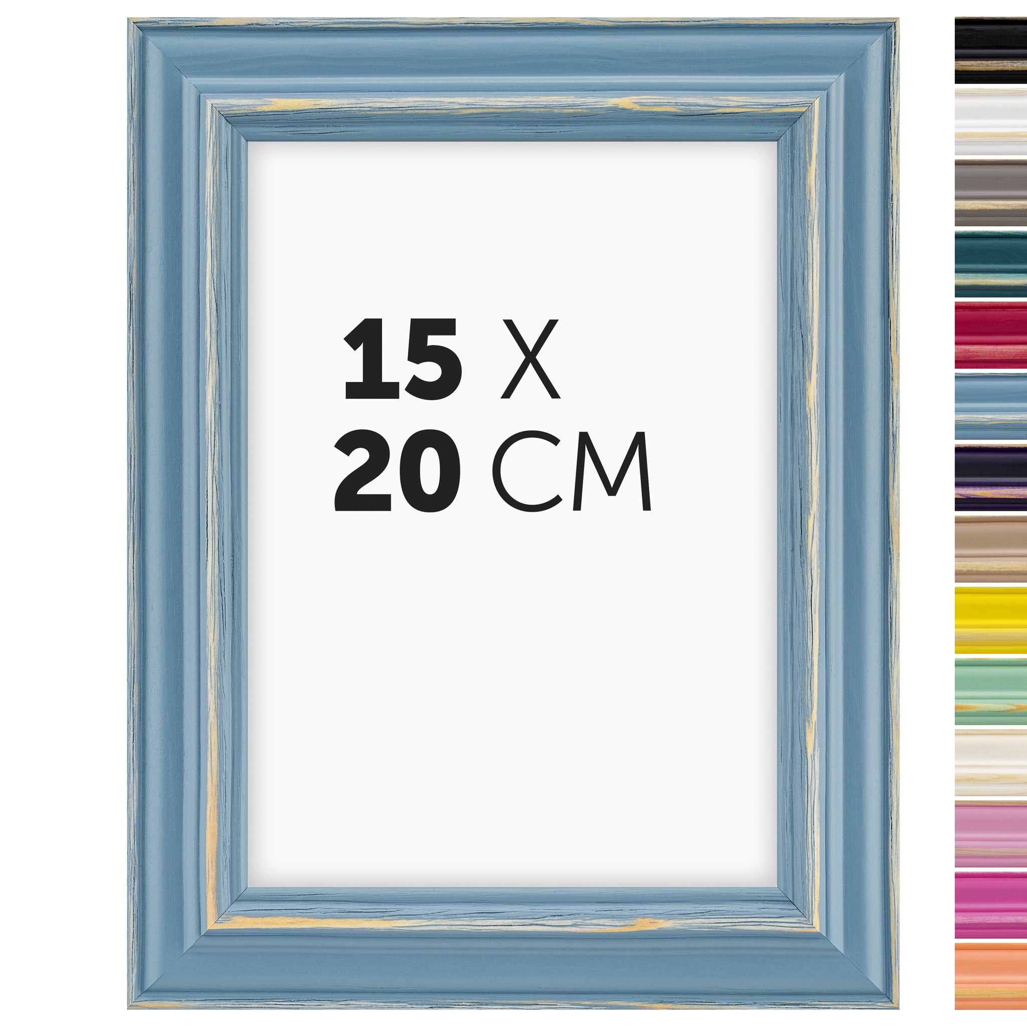 DÖRR Holz Bilderrahmen Boho in Hellblau im Vintage-Stil, mit Bildformat 15x20 cm und Detailansicht der vierzehn Farbvarianten