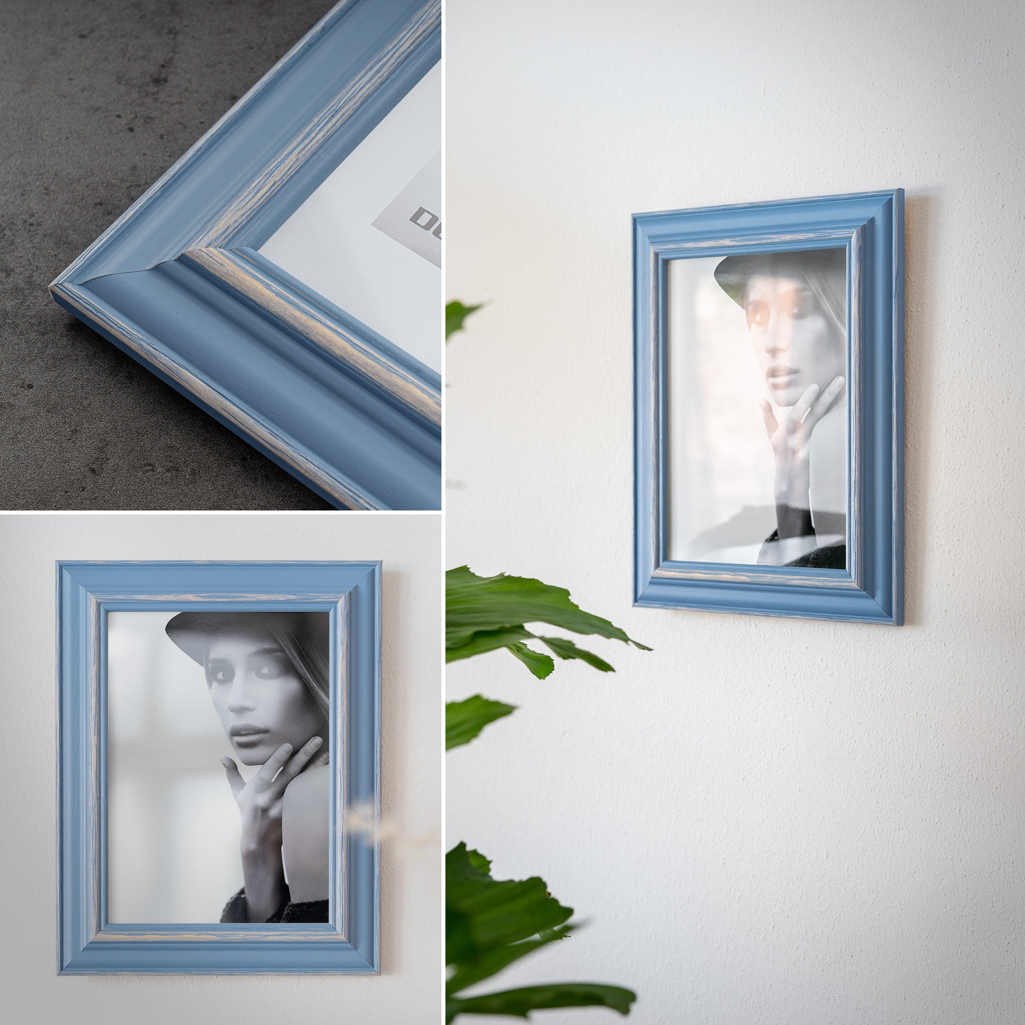 DÖRR Holz Bilderrahmen Boho in Hellblau im Vintage-Stil, an der Wand aufgehängt, mit Detailansicht der strukturierten Leiste