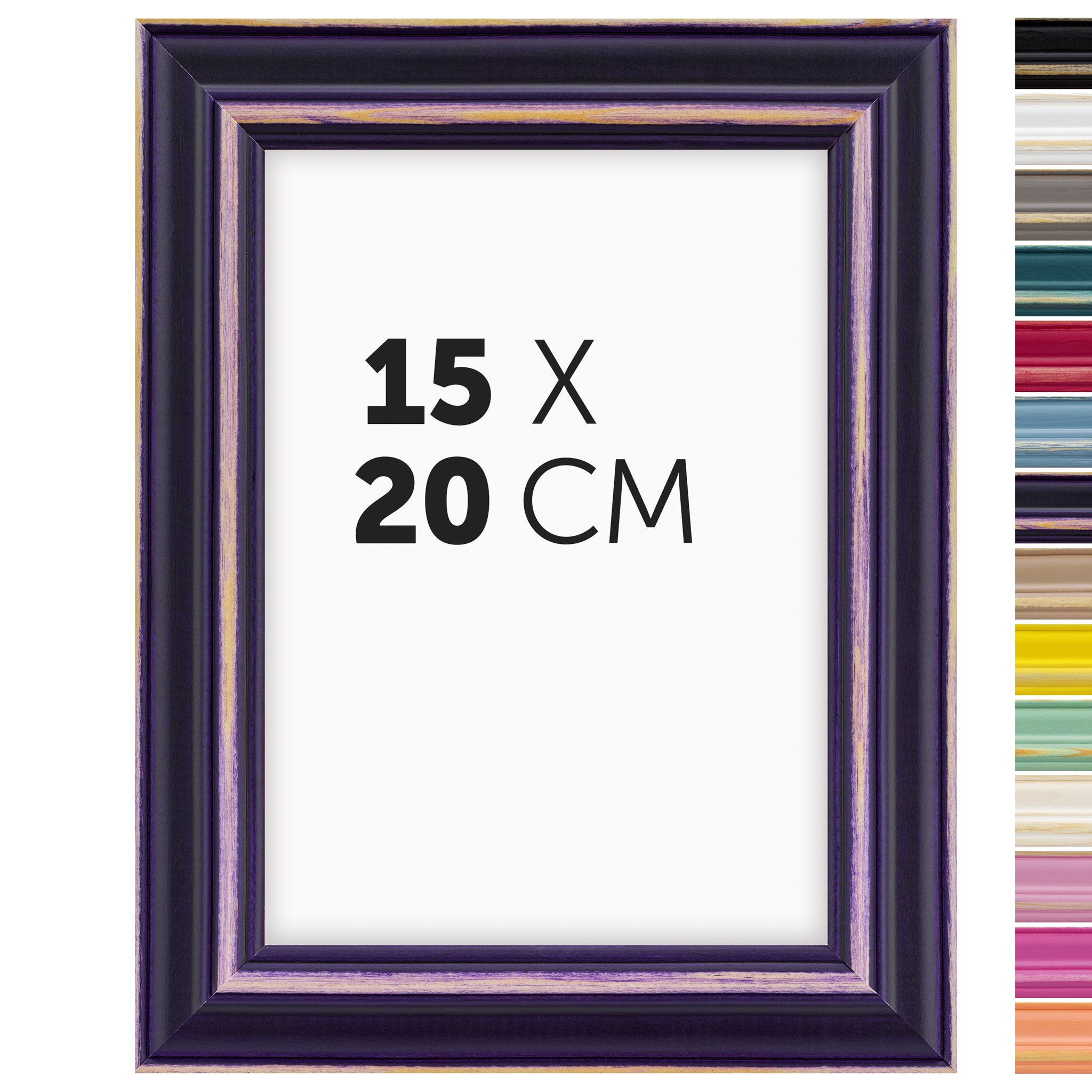 DÖRR Holz Bilderrahmen Boho in Lila im Vintage-Stil, mit Bildformat 15x20 cm und Detailansicht der vierzehn Farbvarianten