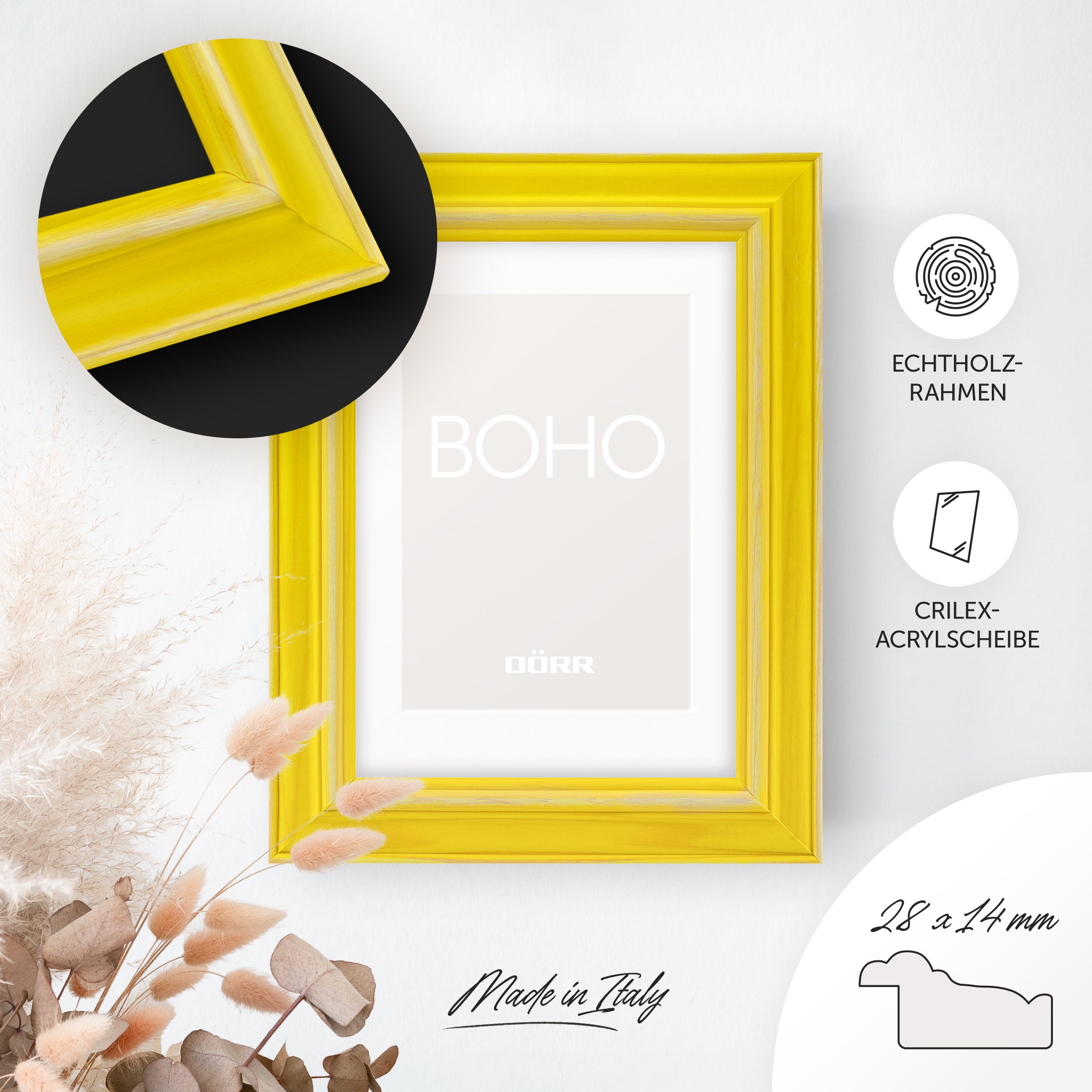DÖRR Holz-Bilderrahmen Boho in Gelb im Vintage-Stil, an der Wand aufgehängt, mit Detailansicht der strukturierten Leiste