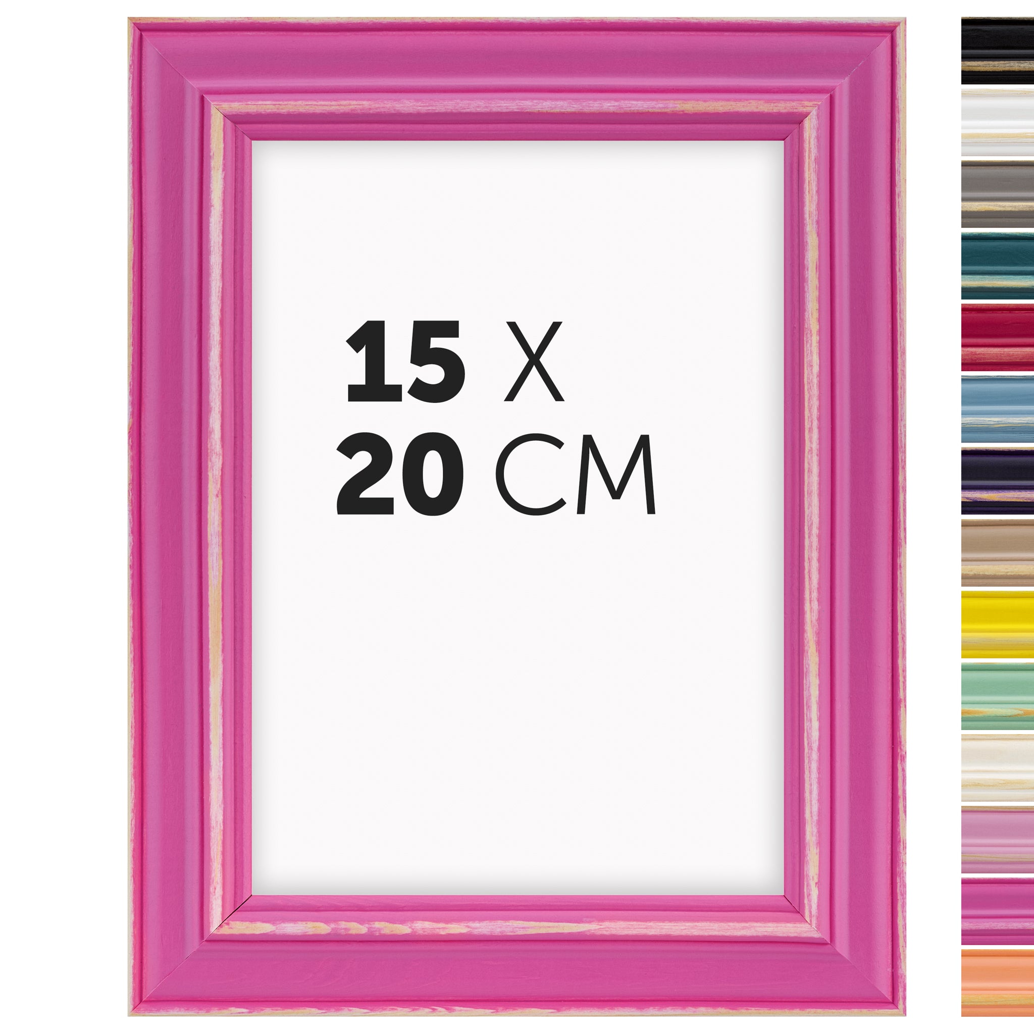DÖRR Holz Bilderrahmen Boho in Pink im Vintage-Stil, mit Bildformat 15x20 cm und Detailansicht der vierzehn Farbvarianten
