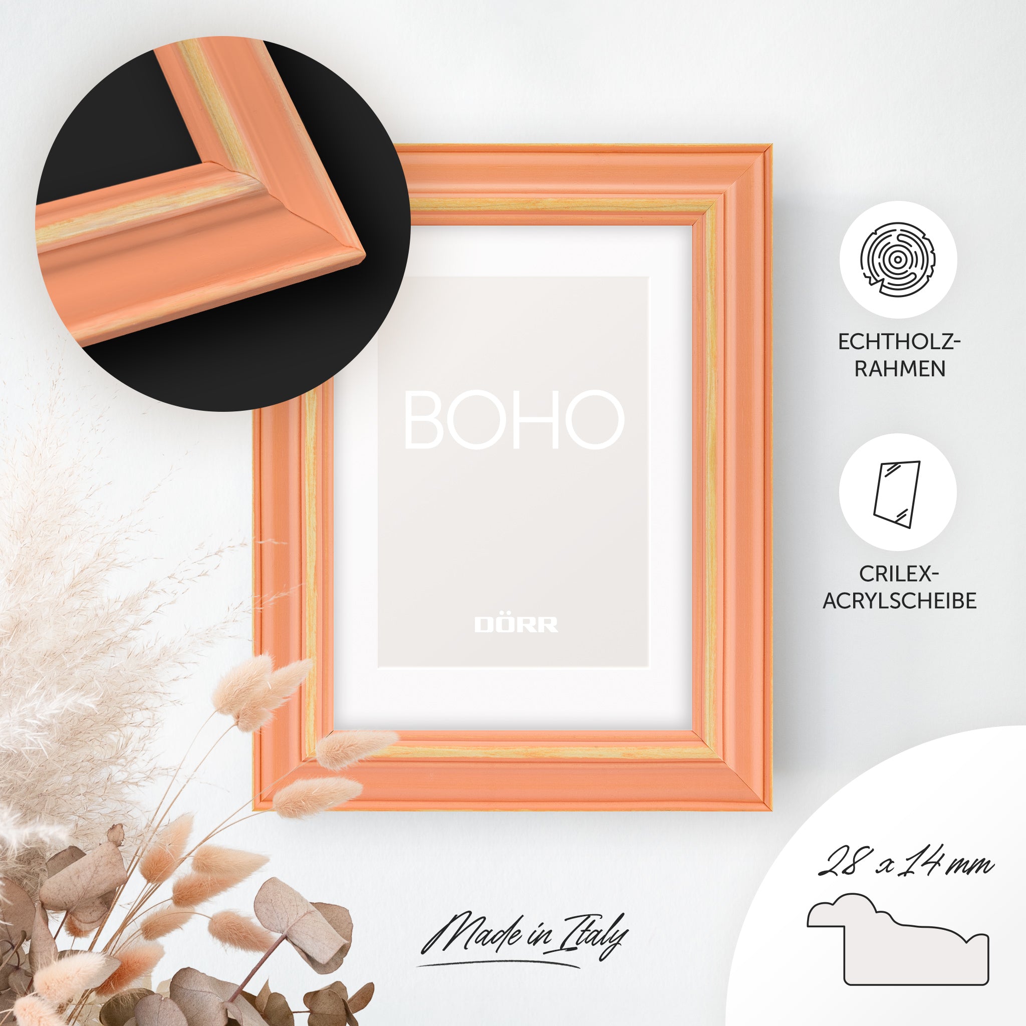 DÖRR Holz-Bilderrahmen Boho in Peach im Vintage-Stil, an der Wand aufgehängt, mit Detailansicht der strukturierten Leiste