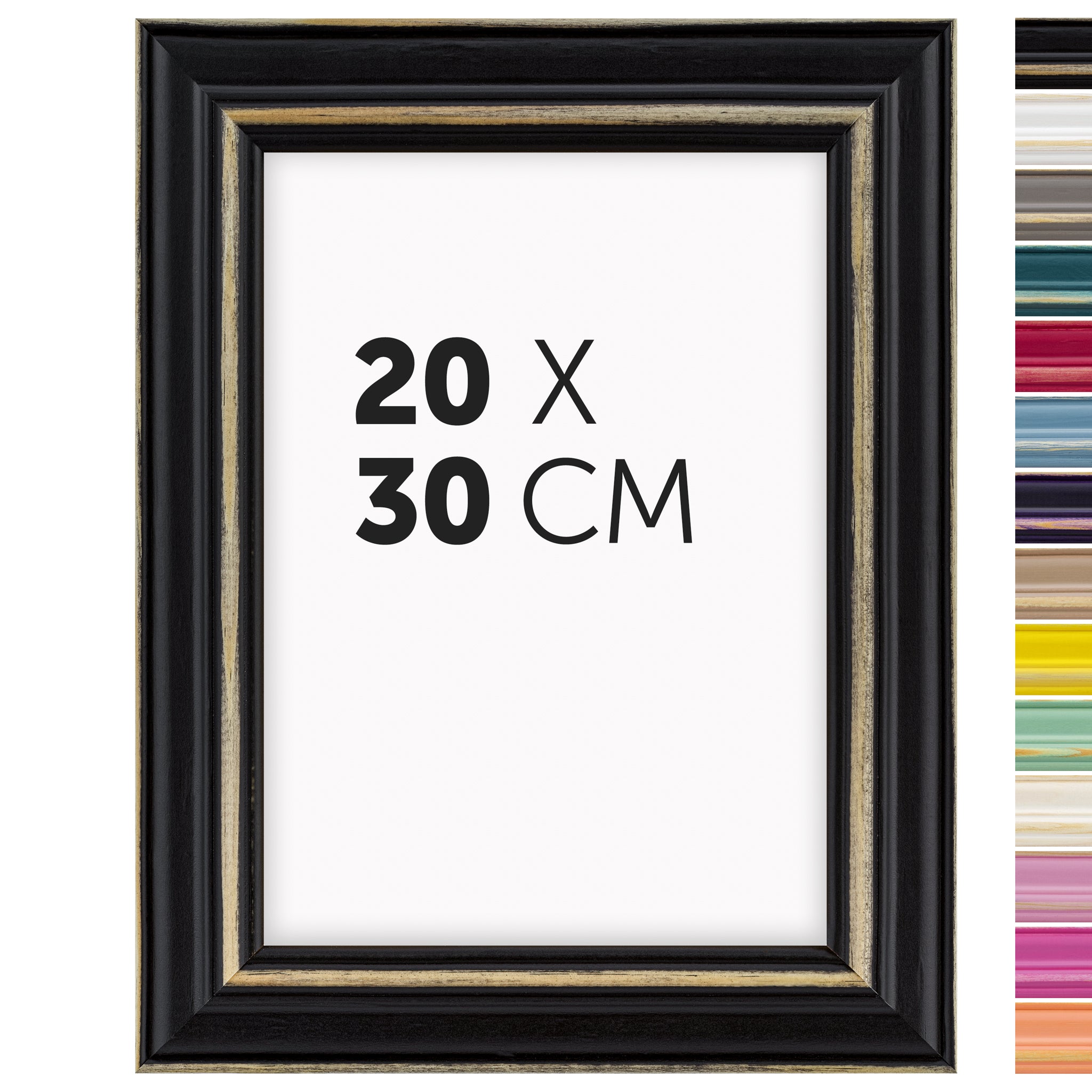 DÖRR Holz Bilderrahmen Boho in Schwarz im Vintage-Stil, mit Bildformat 20x30 cm und Detailansicht der vierzehn Farbvarianten