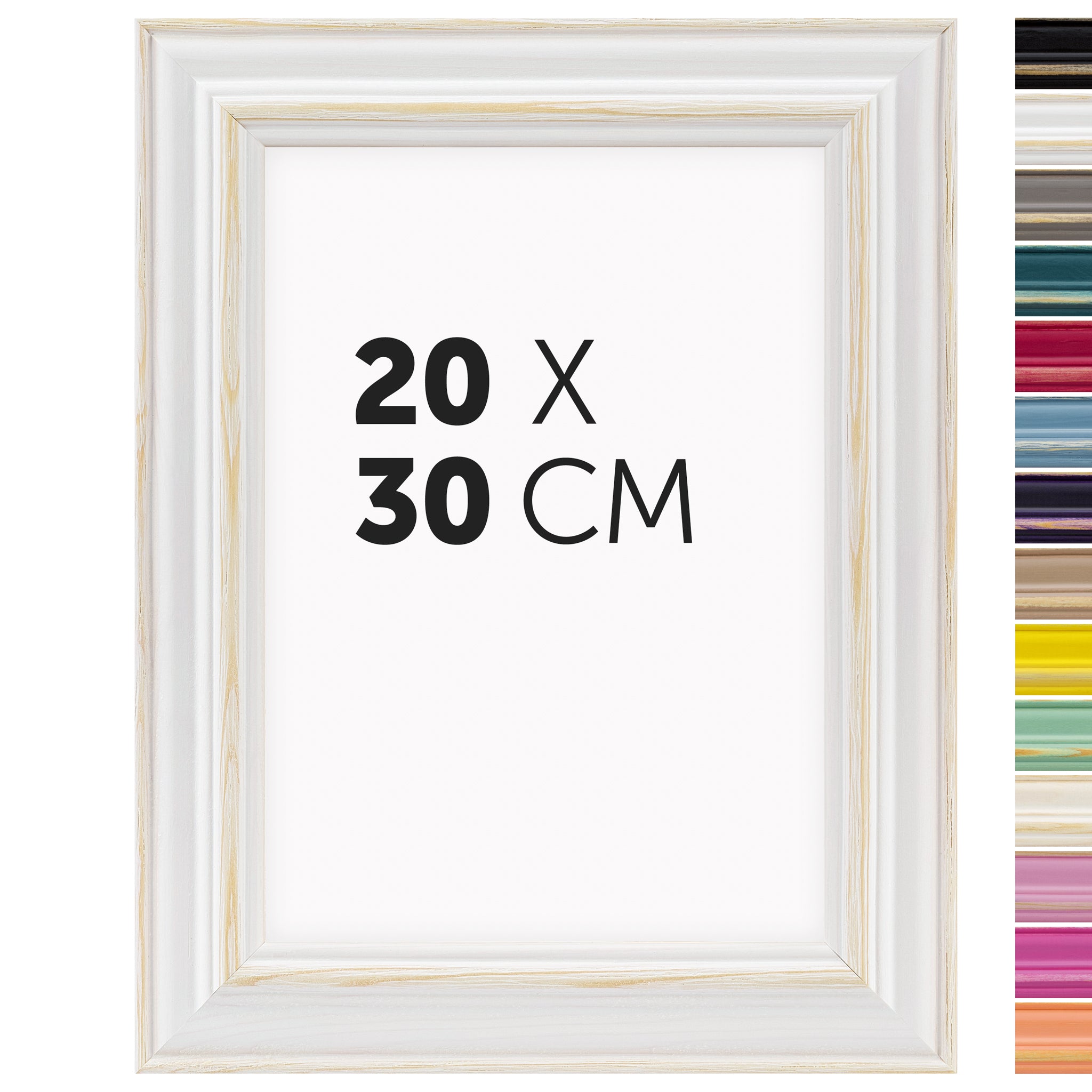 DÖRR Holz Bilderrahmen Boho in Weiß im Vintage-Stil, mit Bildformat 20x30 cm und Detailansicht der vierzehn Farbvarianten
