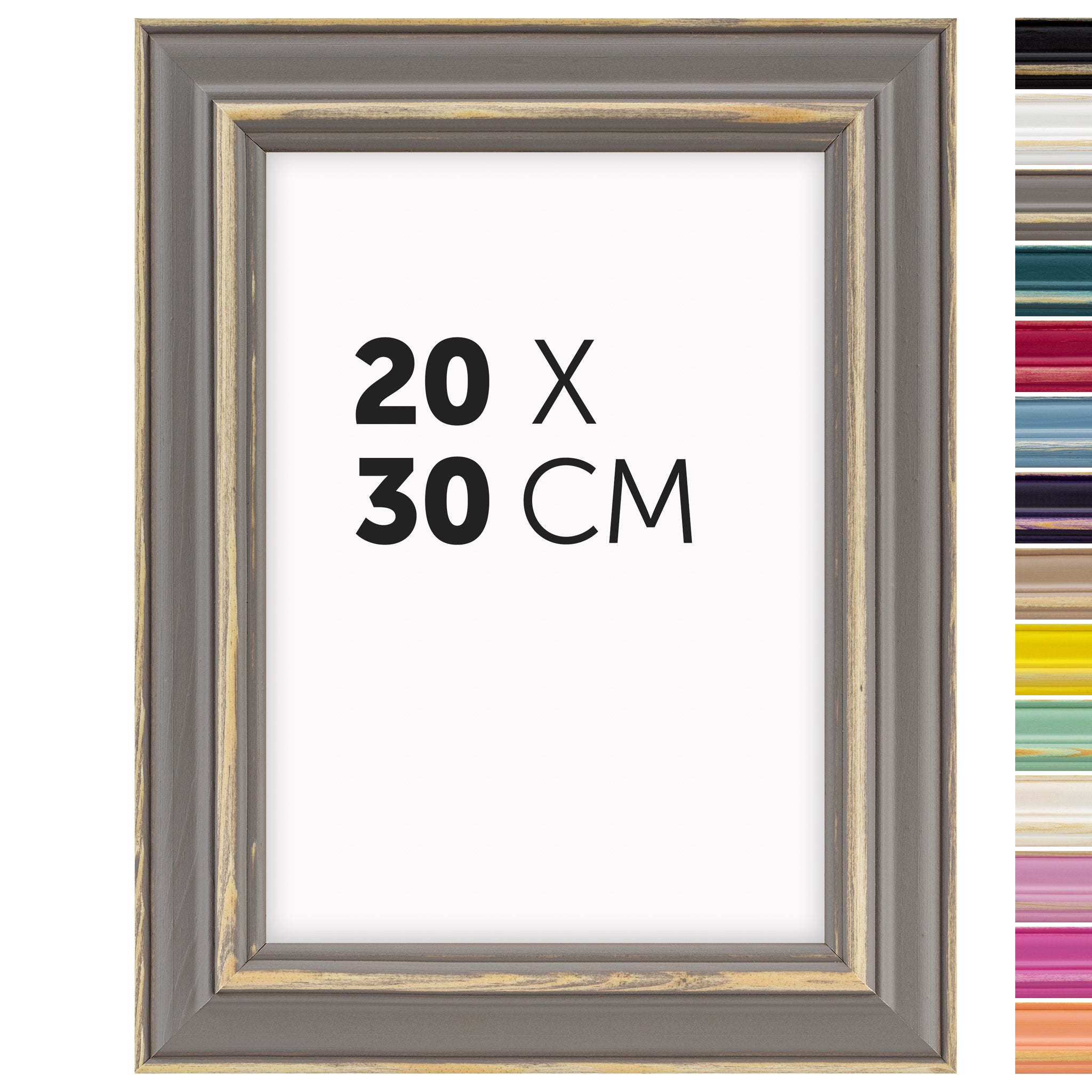 DÖRR Holz Bilderrahmen Boho in Grau im Vintage-Stil, mit Bildformat 20x30 cm und Detailansicht der vierzehn Farbvarianten