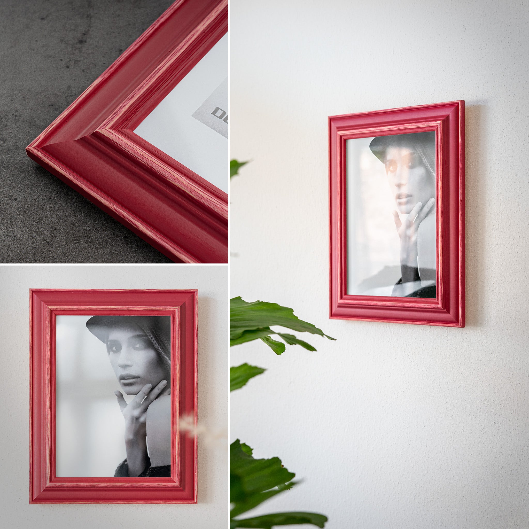 DÖRR Holz Bilderrahmen Boho in Beere im Vintage-Stil, an der Wand aufgehängt, mit Detailansicht der strukturierten Leiste