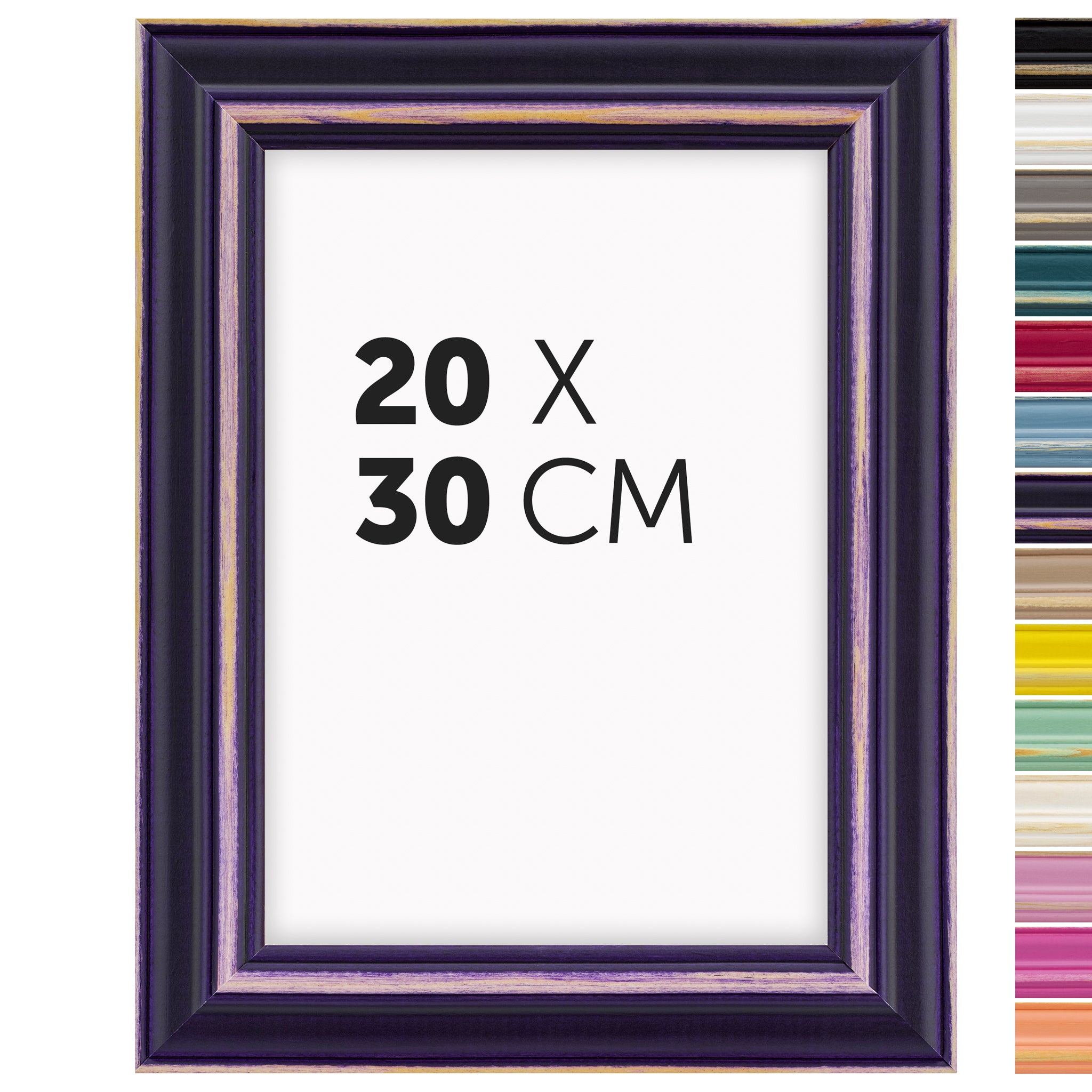 DÖRR Holz Bilderrahmen Boho in Lila im Vintage-Stil, mit Bildformat 20x30 cm und Detailansicht der vierzehn Farbvarianten