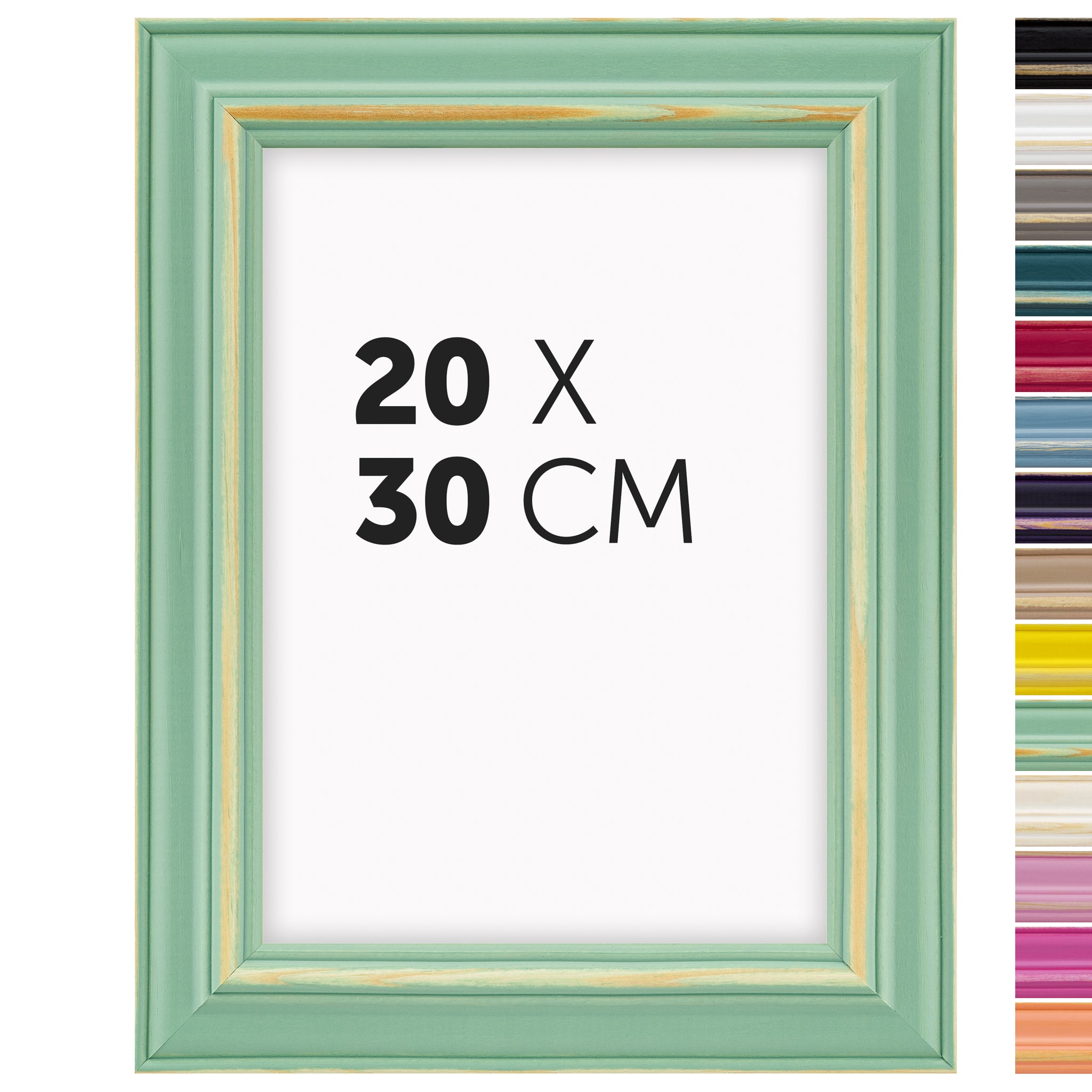 DÖRR Holz Bilderrahmen Boho in Hellgrün im Vintage-Stil, mit Bildformat 20x30 cm und Detailansicht der vierzehn Farbvarianten