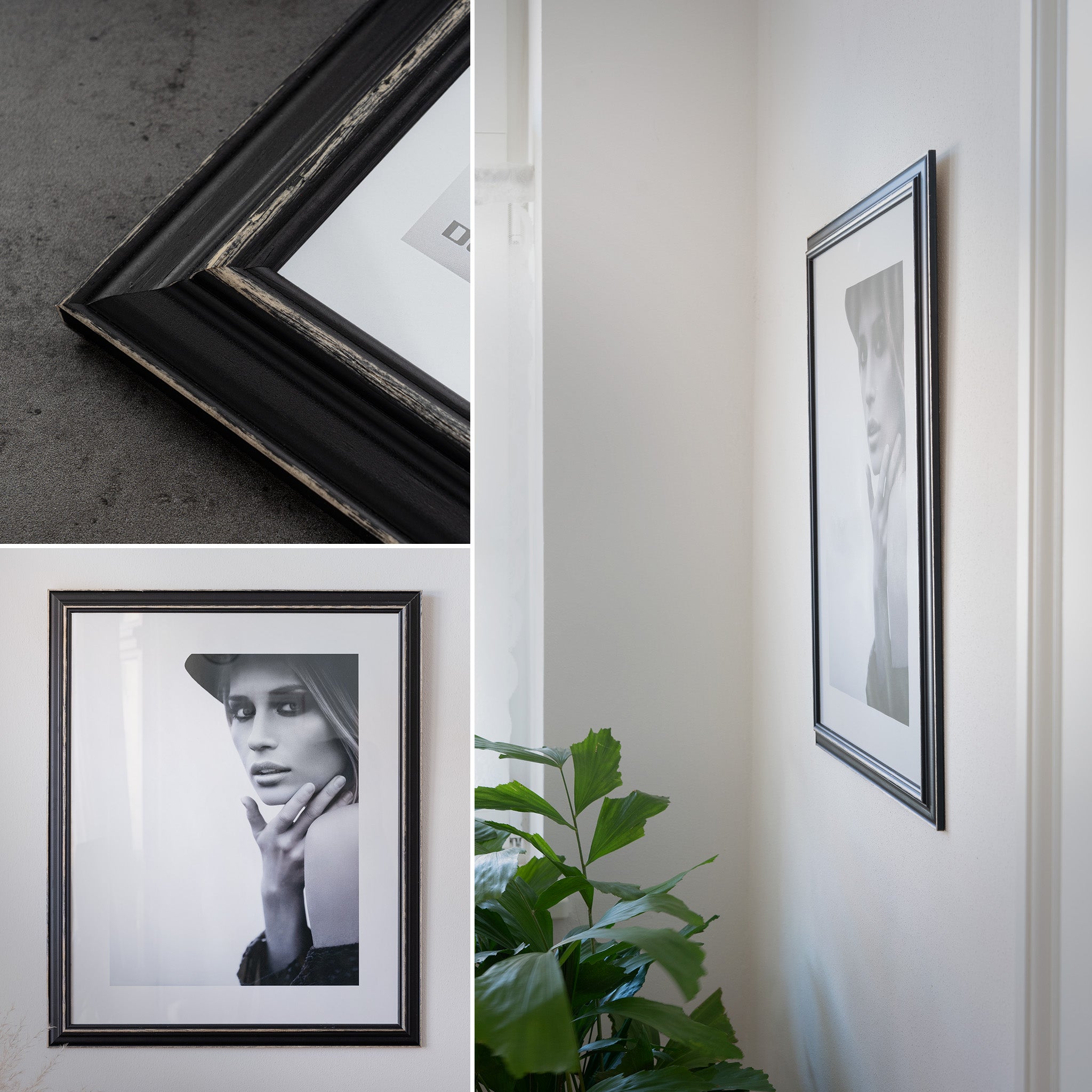 DÖRR Holz Bilderrahmen Boho in Schwarz im Vintage-Stil, an der Wand aufgehängt, mit Detailansicht der strukturierten Leiste