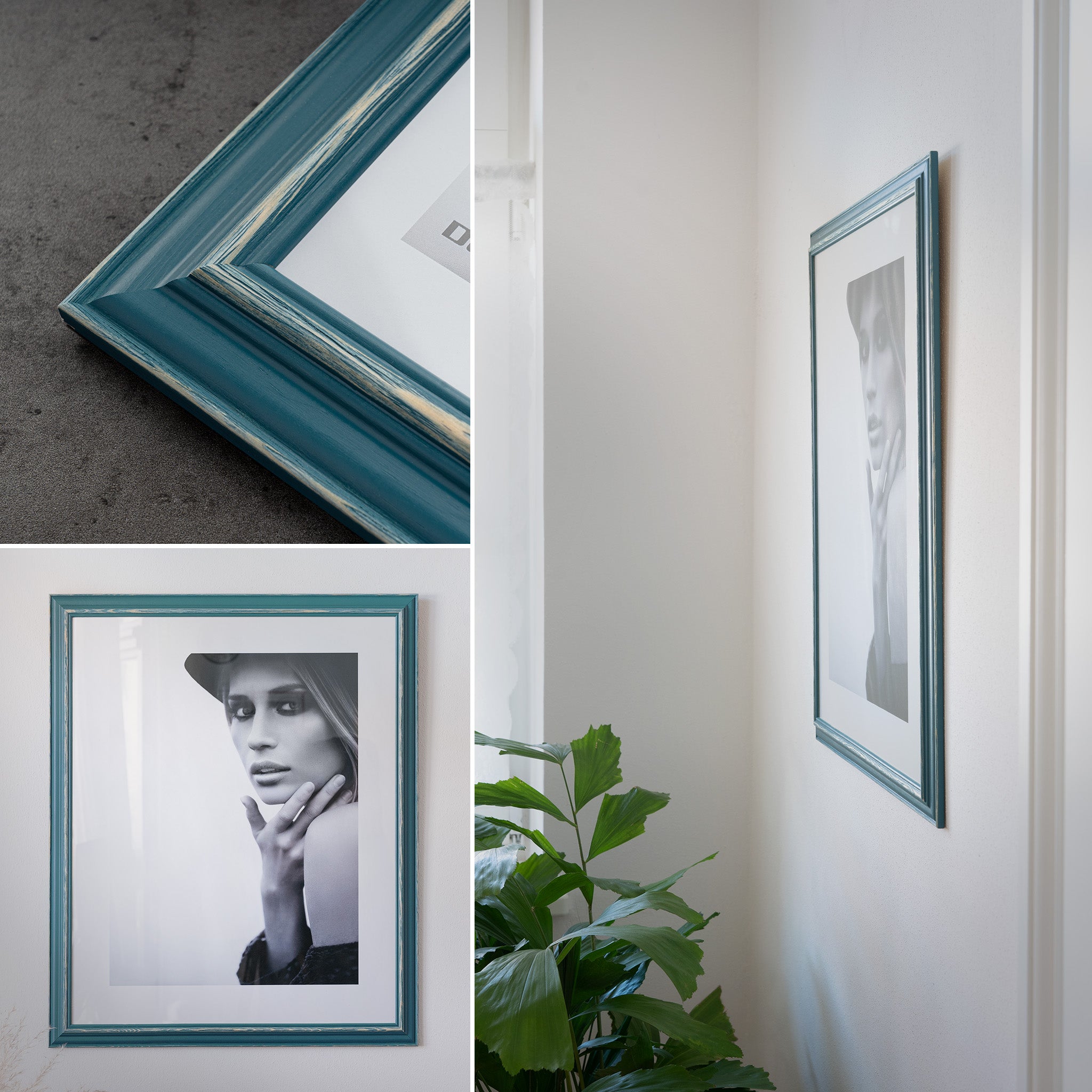 DÖRR Holz Bilderrahmen Boho in Petrol im Vintage-Stil, an der Wand aufgehängt, mit Detailansicht der strukturierten Leiste