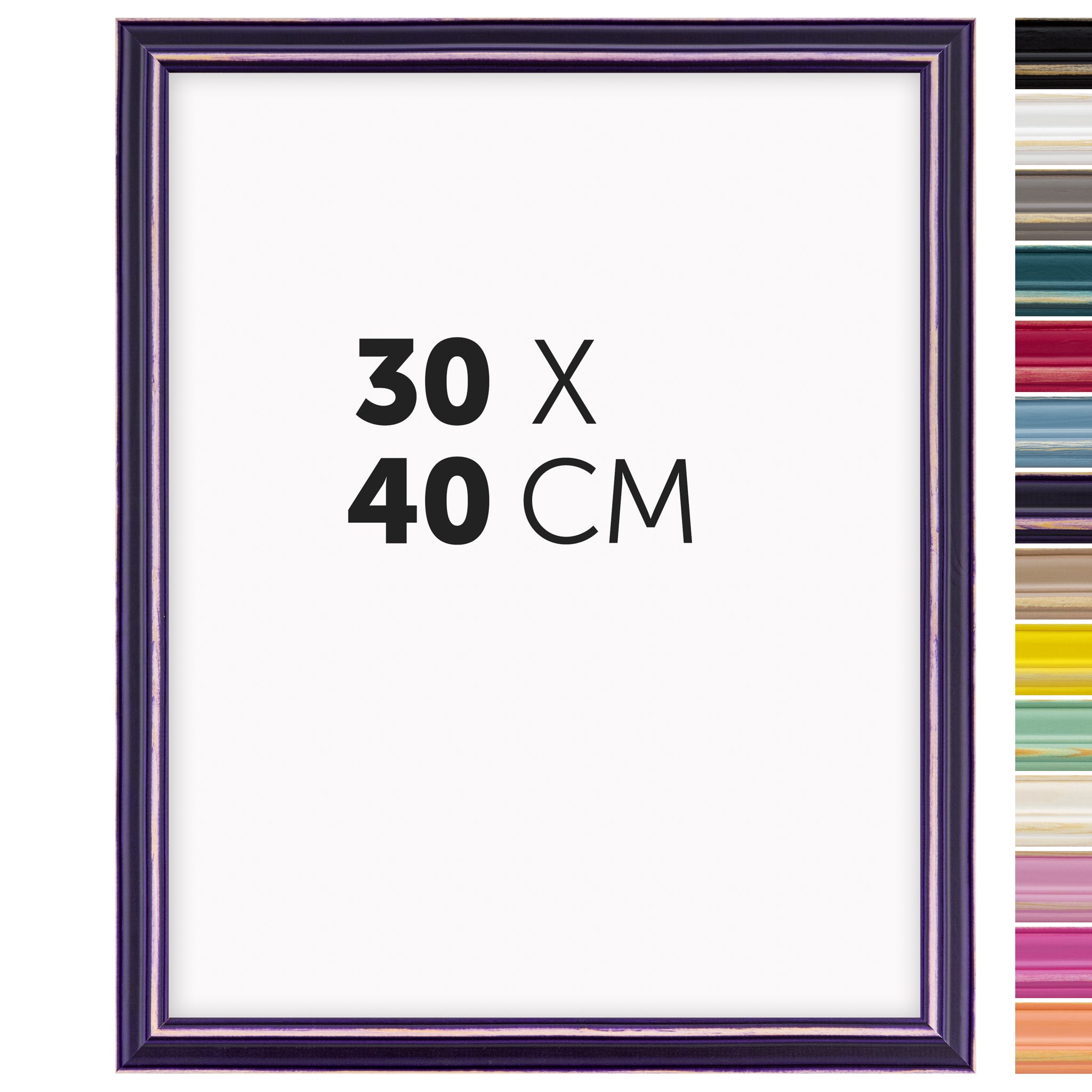 DÖRR Holz Bilderrahmen Boho in Lila im Vintage-Stil, mit Bildformat 30x40 cm und Detailansicht der vierzehn Farbvarianten