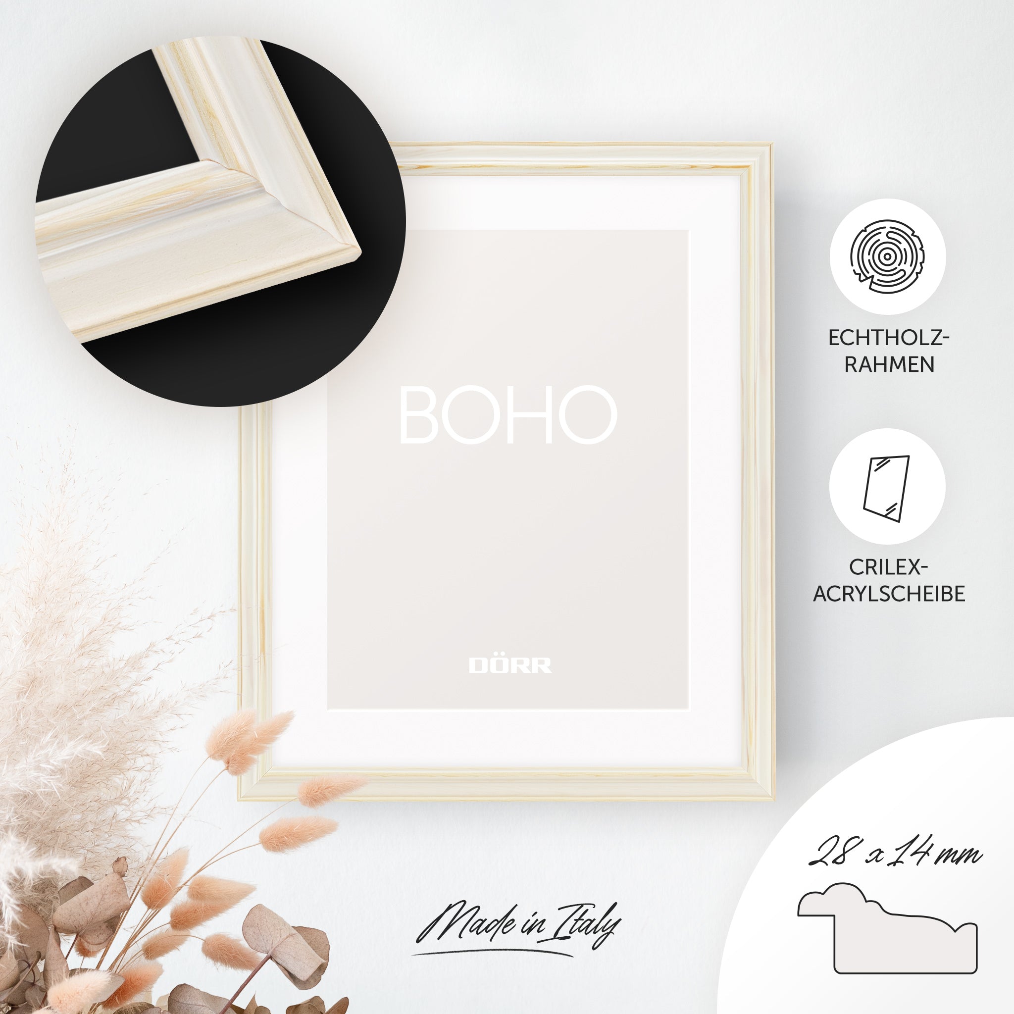 DÖRR Holz-Bilderrahmen Boho in Natur im Vintage-Stil, an der Wand aufgehängt, mit Detailansicht der strukturierten Leiste