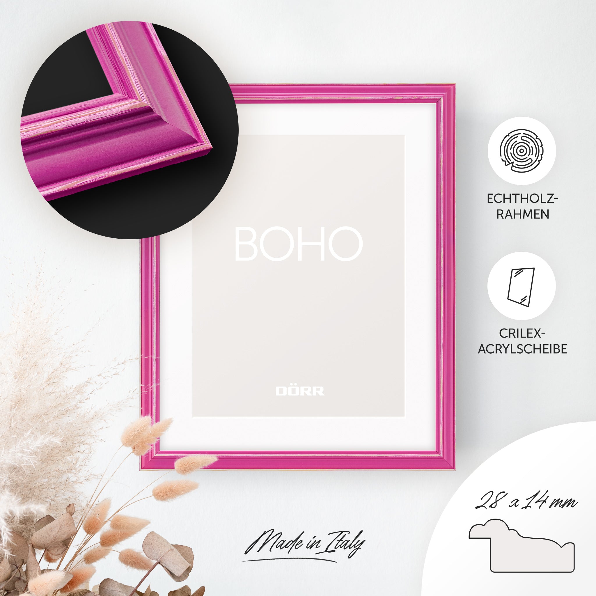 DÖRR Holz-Bilderrahmen Boho in Pink im Vintage-Stil, an der Wand aufgehängt, mit Detailansicht der strukturierten Leiste