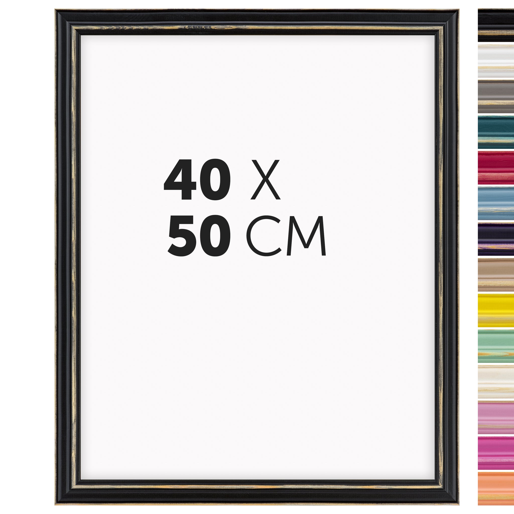 DÖRR Holz Bilderrahmen Boho in Schwarz im Vintage-Stil, mit Bildformat 40x50 cm und Detailansicht der vierzehn Farbvarianten