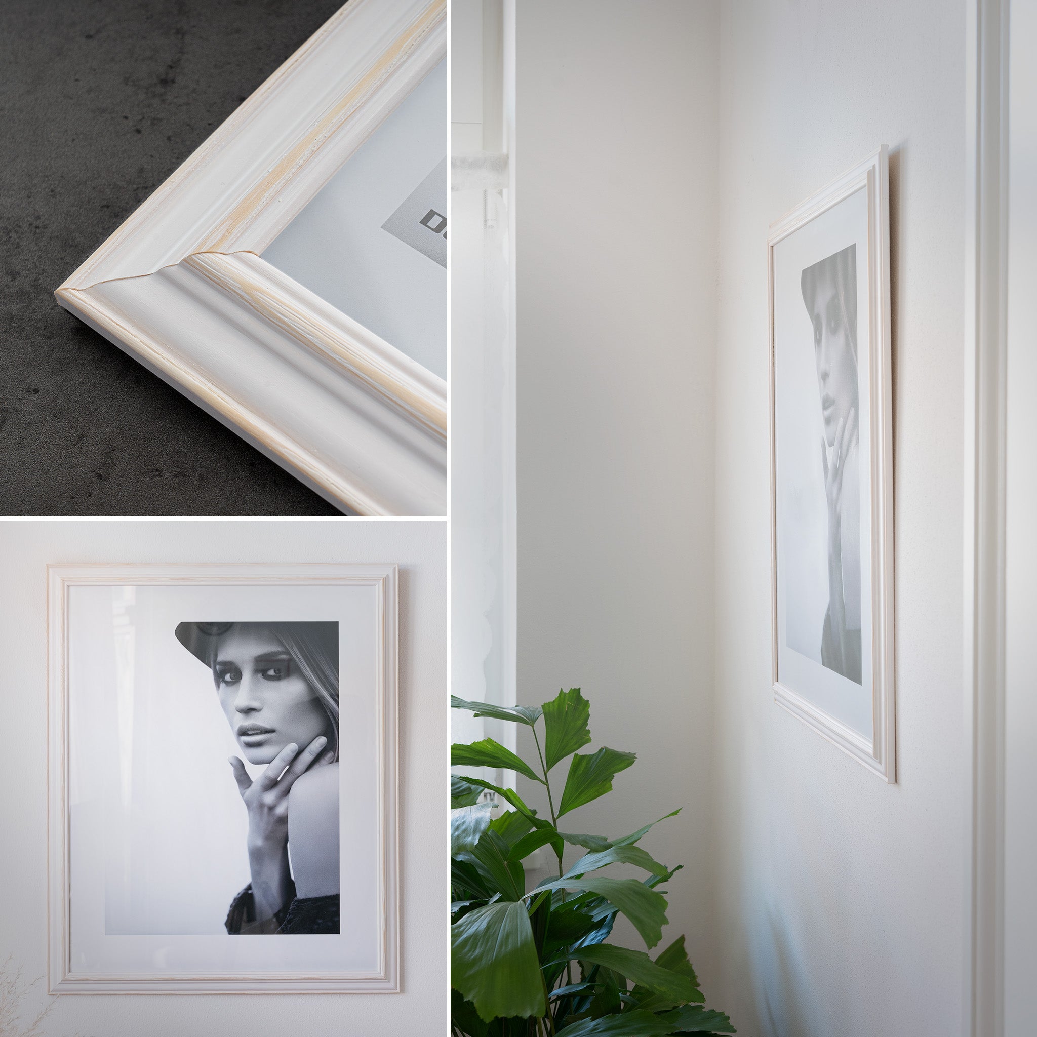 DÖRR Holz Bilderrahmen Boho in Weiß im Vintage-Stil, an der Wand aufgehängt, mit Detailansicht der strukturierten Leiste