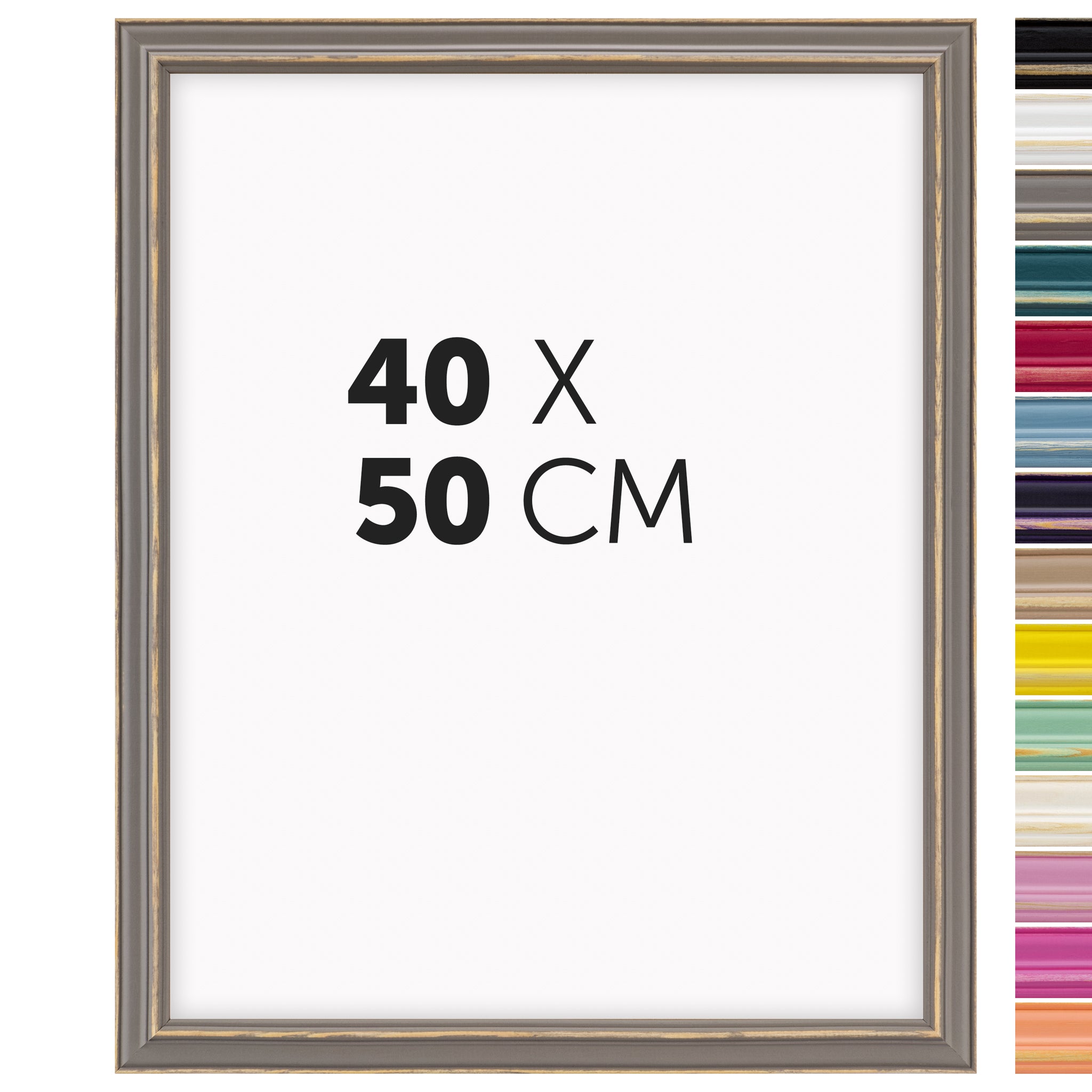 DÖRR Holz Bilderrahmen Boho in Grau im Vintage-Stil, mit Bildformat 40x50 cm und Detailansicht der vierzehn Farbvarianten