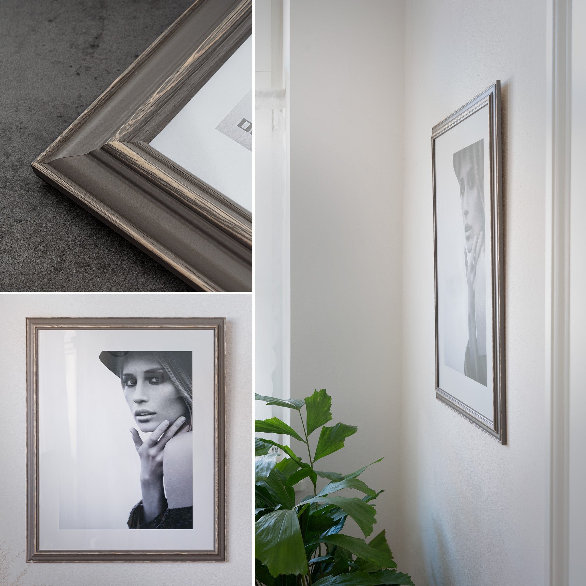 DÖRR Holz Bilderrahmen Boho in Grau im Vintage-Stil, an der Wand aufgehängt, mit Detailansicht der strukturierten Leiste