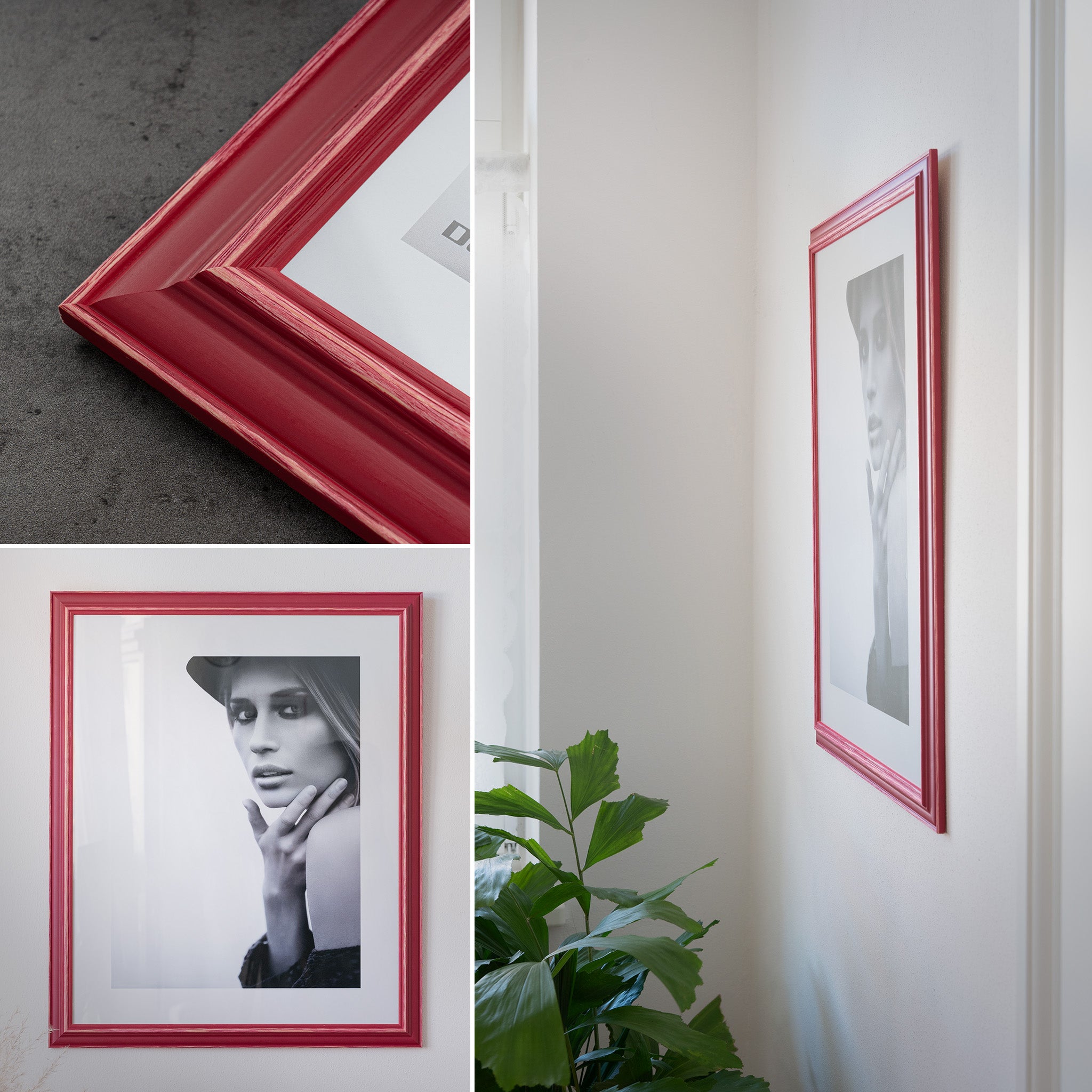 DÖRR Holz Bilderrahmen Boho in Beere im Vintage-Stil, an der Wand aufgehängt, mit Detailansicht der strukturierten Leiste