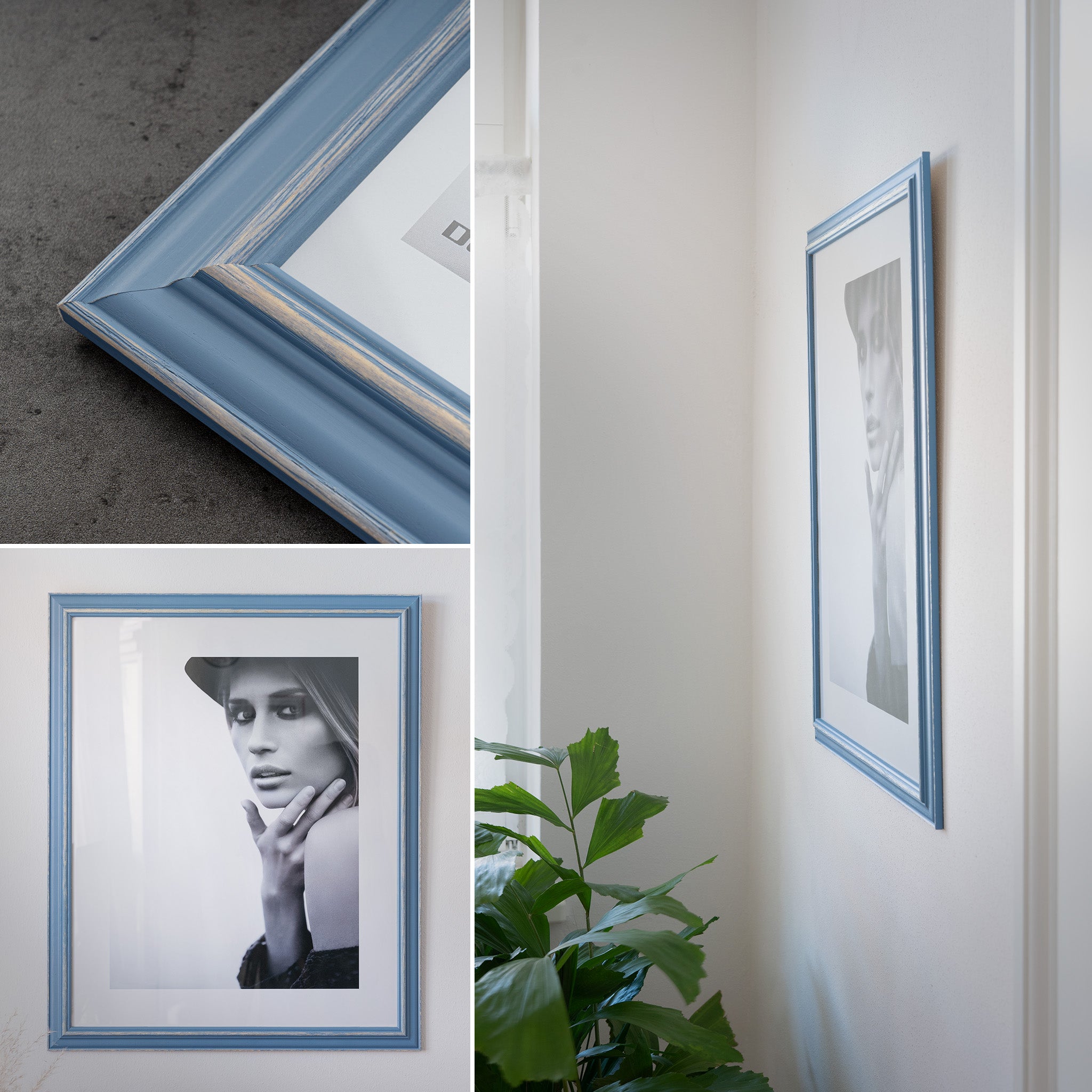 DÖRR Holz Bilderrahmen Boho in Hellblau im Vintage-Stil, an der Wand aufgehängt, mit Detailansicht der strukturierten Leiste