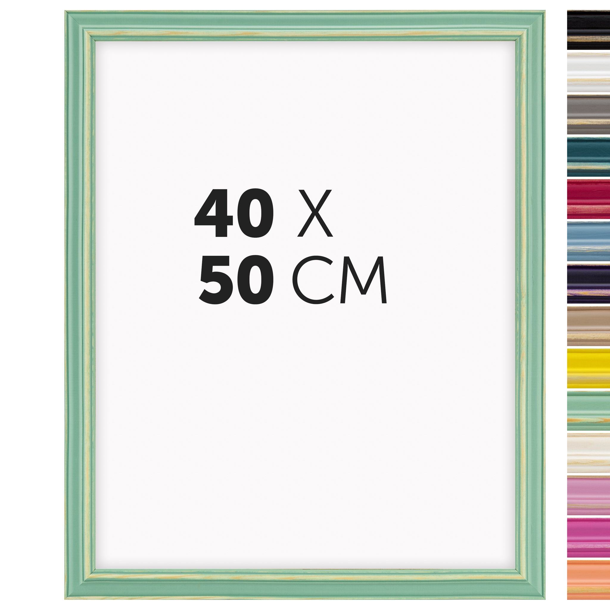 DÖRR Holz Bilderrahmen Boho in Hellgrün im Vintage-Stil, mit Bildformat 40x50 cm und Detailansicht der vierzehn Farbvarianten