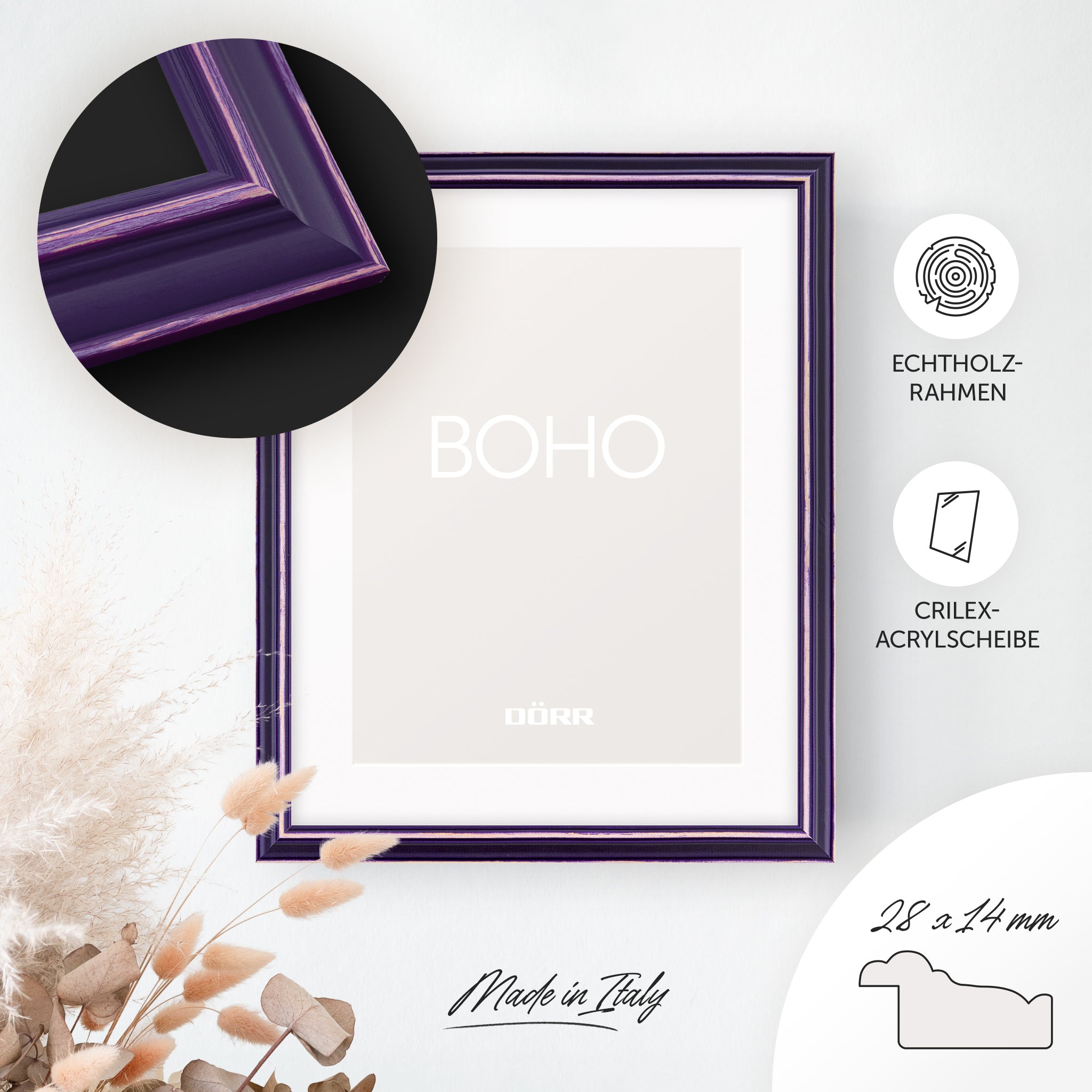 DÖRR Holz-Bilderrahmen Boho in Lila im Vintage-Stil, an der Wand aufgehängt, mit Detailansicht der strukturierten Leiste