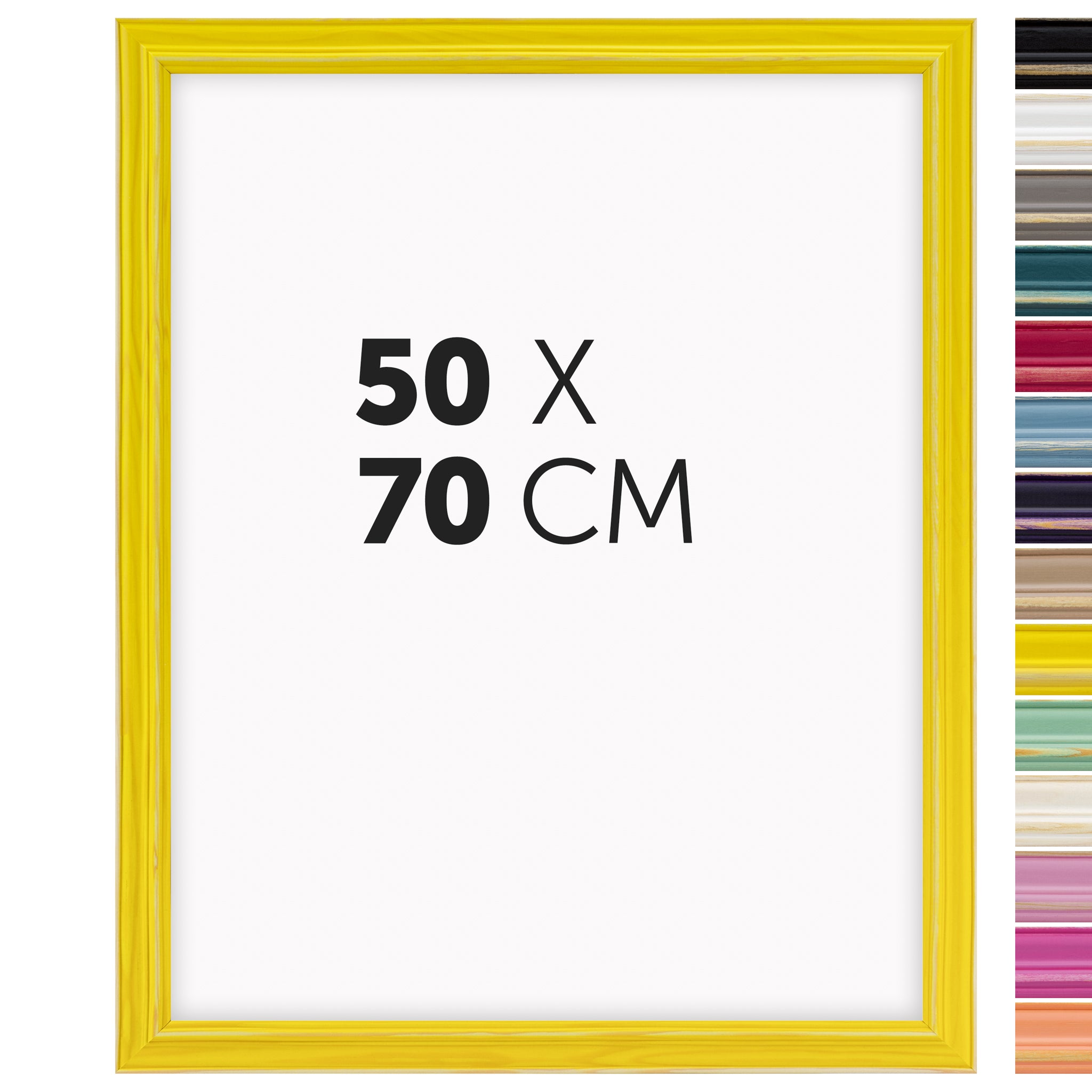 DÖRR Holz Bilderrahmen Boho in Gelb im Vintage-Stil, mit Bildformat 50x70 cm und Detailansicht der vierzehn Farbvarianten