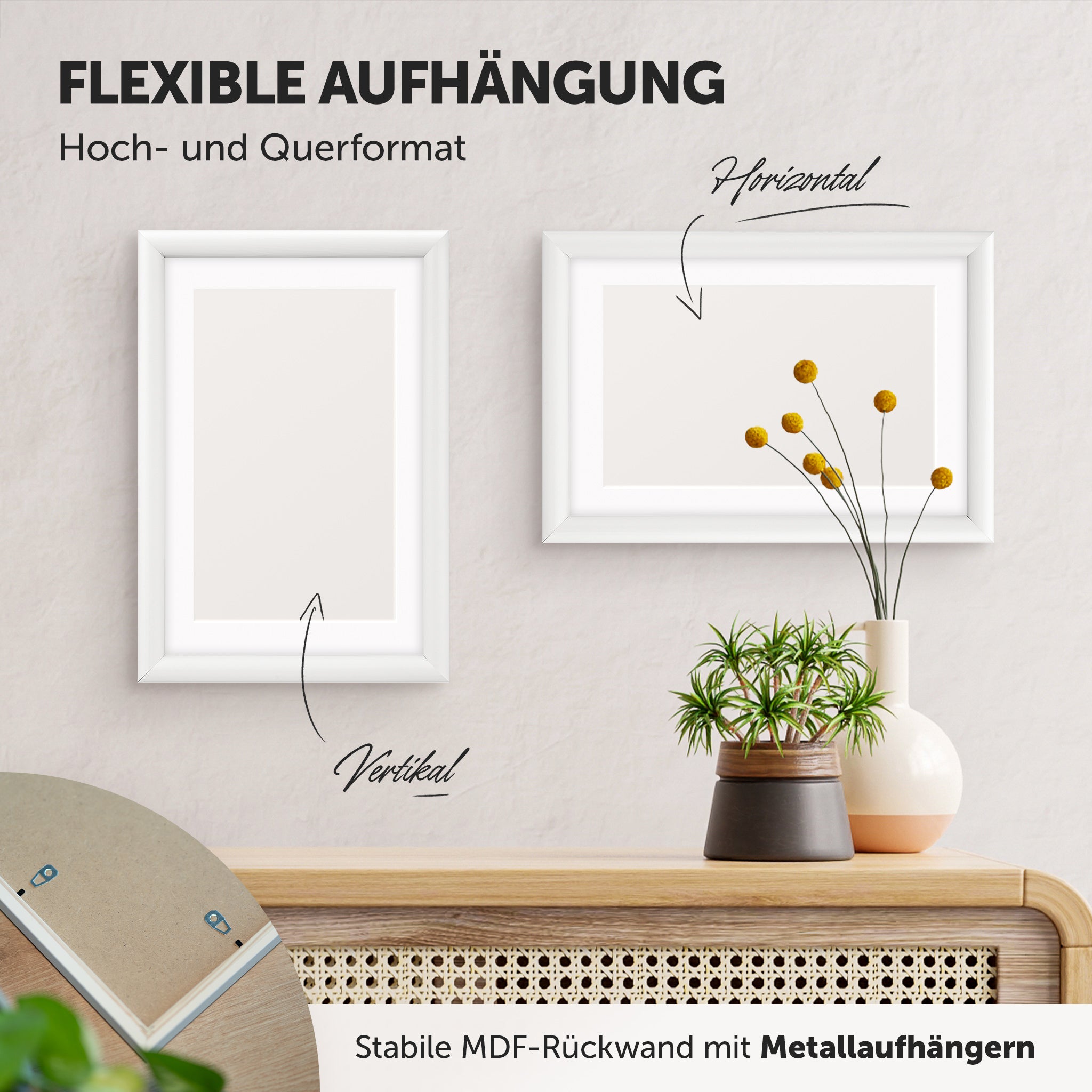 DÖRR Holz-Bilderrahmen Candy weiß, horizontal und vertikal als Wandrahmen im Wohnbereich dekoriert, Rückseite mit Aufhängern