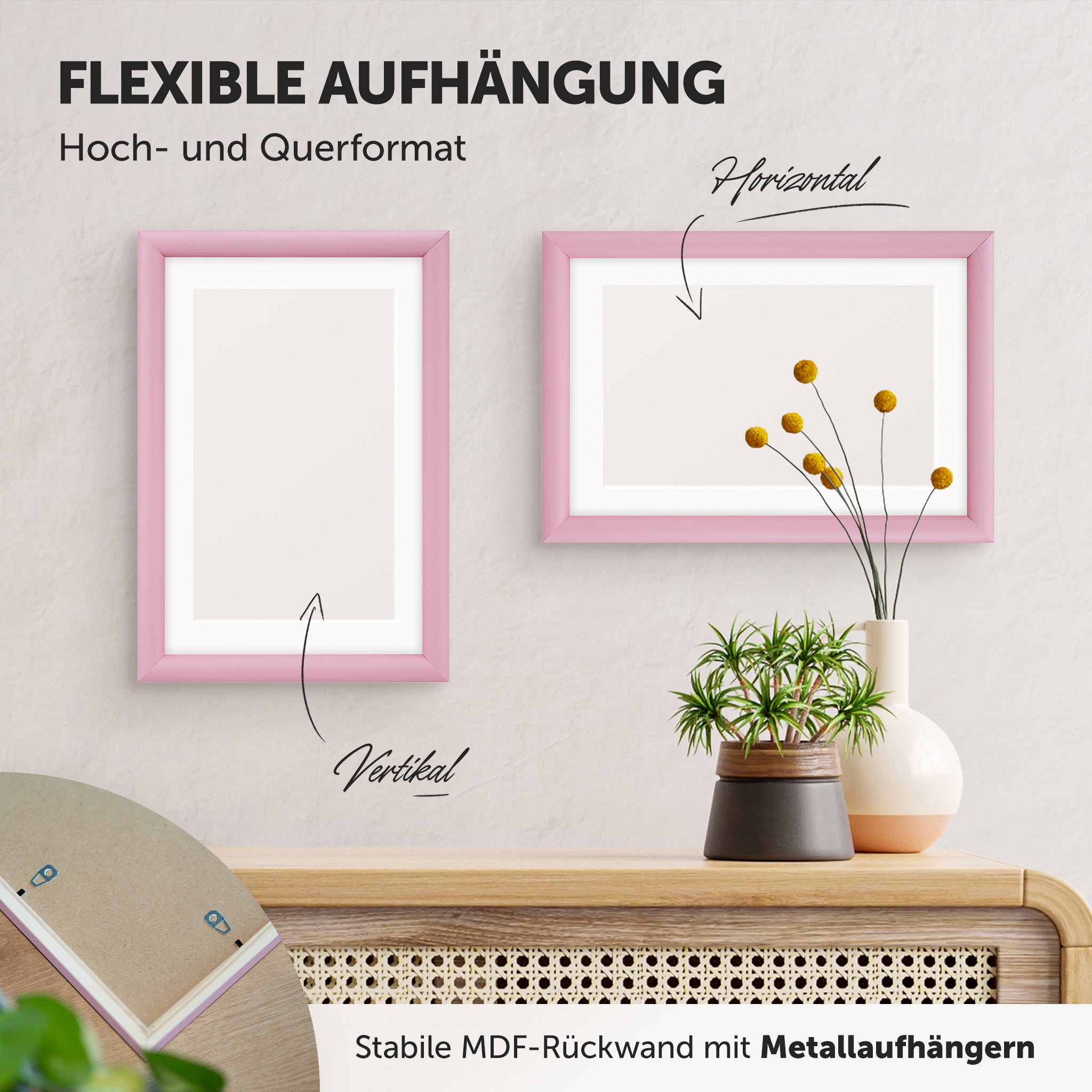 DÖRR Holz-Bilderrahmen Candy pink, horizontal und vertikal als Wandrahmen im Wohnbereich dekoriert, Rückseite mit Aufhängern