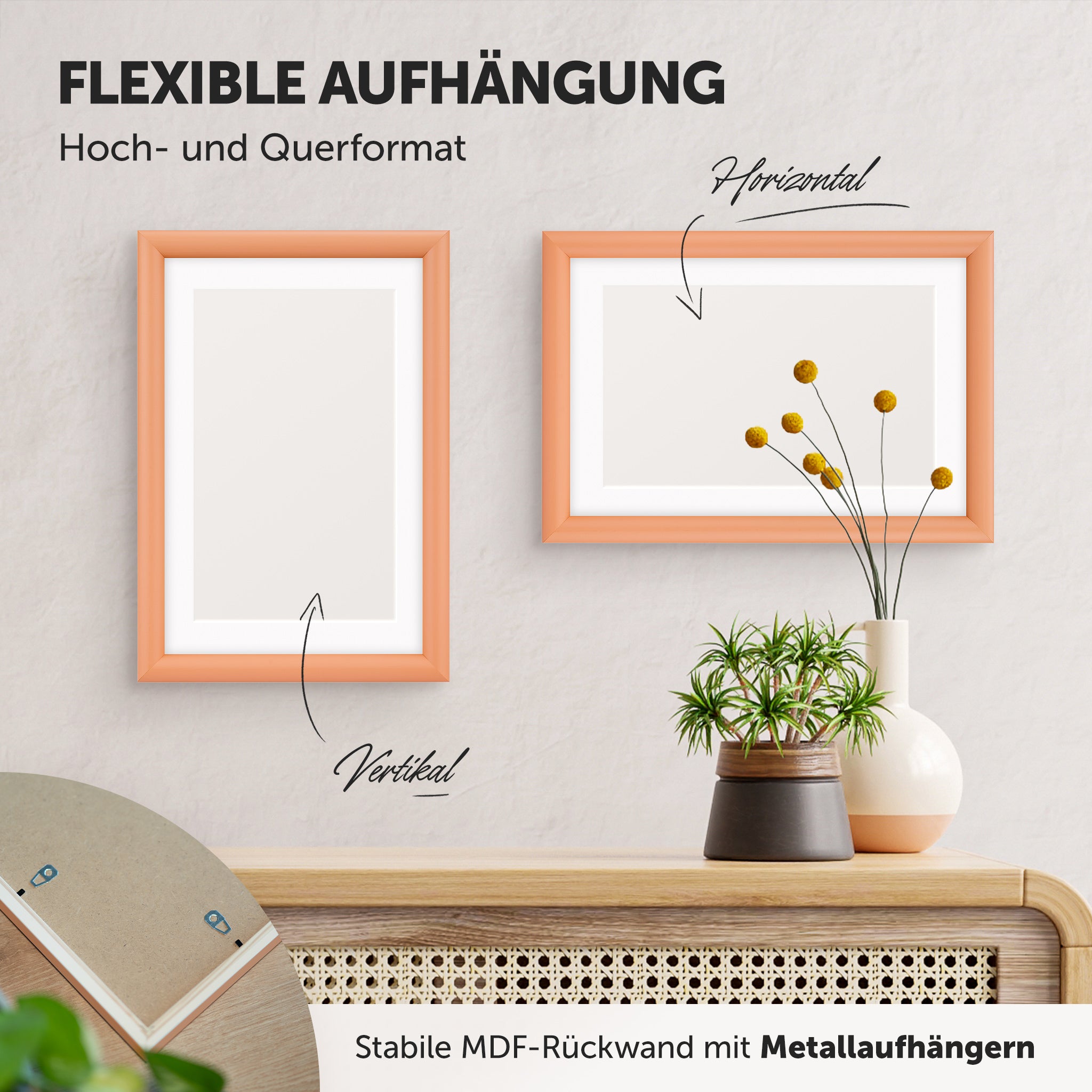 DÖRR Holz-Bilderrahmen Candy peach, horizontal und vertikal als Wandrahmen im Wohnbereich dekoriert, Rückseite mit Aufhängern