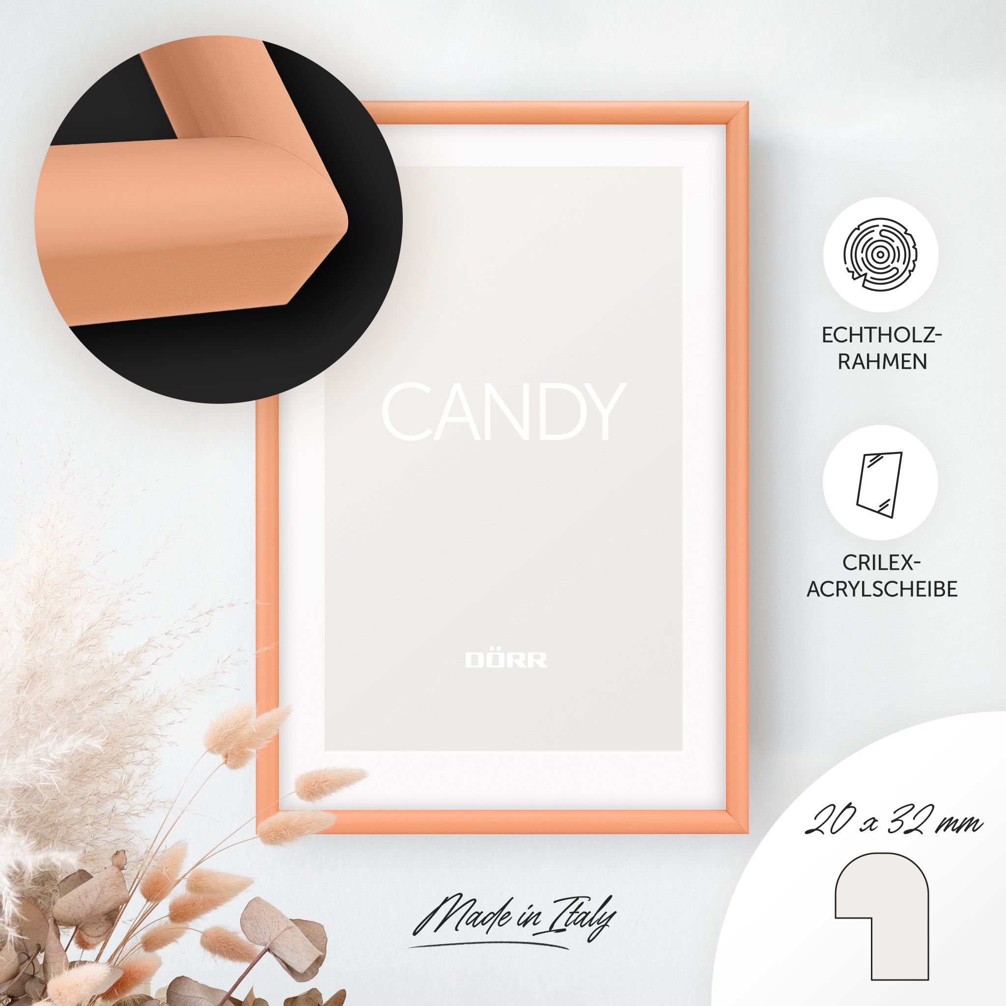 DÖRR Holz-Bilderrahmen Candy peach, an der Wand aufgehängt, mit Detailansicht der massiven, halbrunden Rahmenleiste