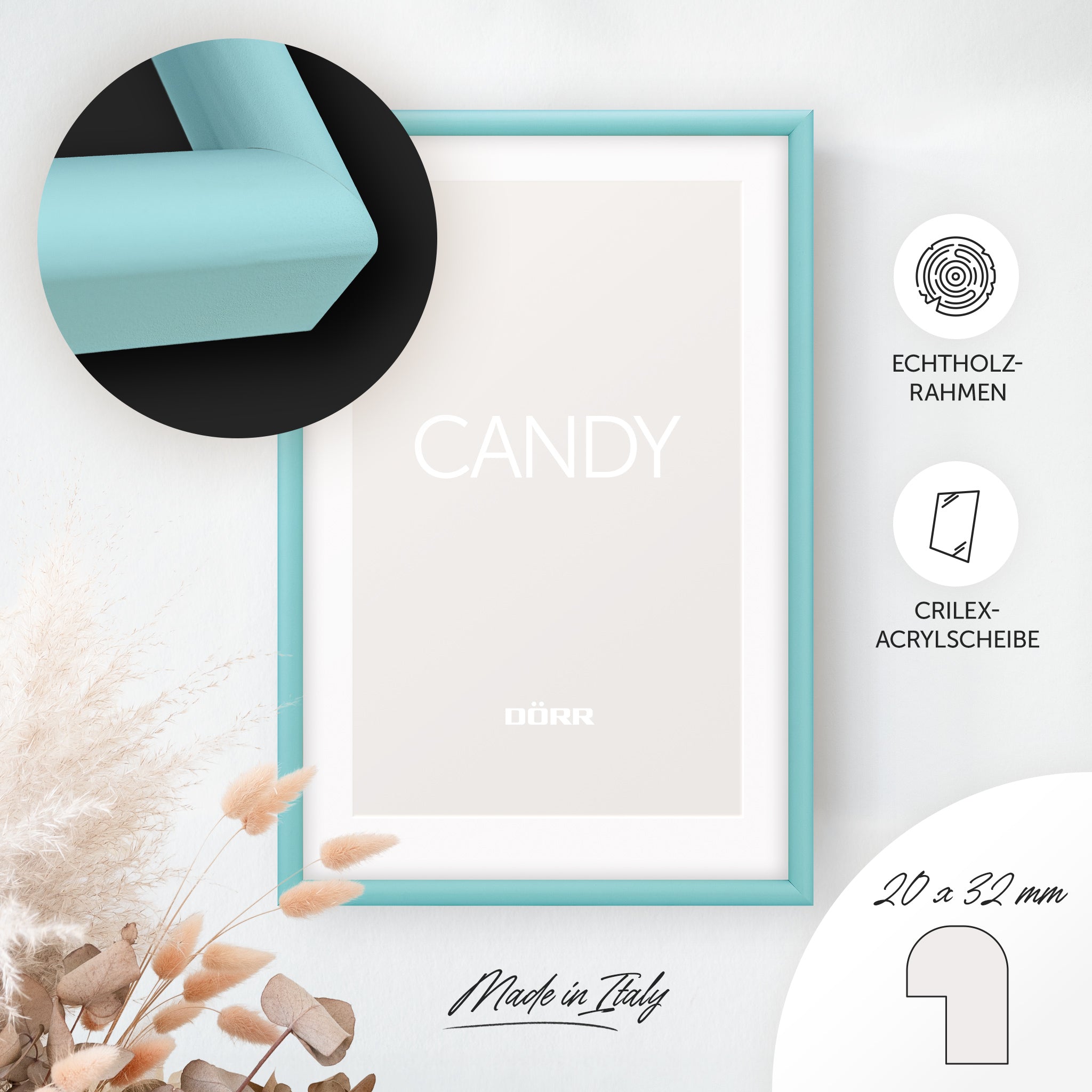 DÖRR Holz-Bilderrahmen Candy hellblau, an der Wand aufgehängt, mit Detailansicht der massiven, halbrunden Rahmenleiste
