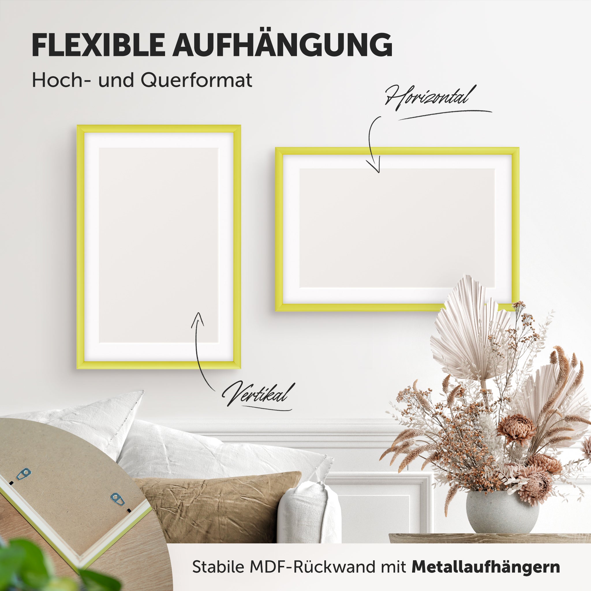 DÖRR Holz-Bilderrahmen Candy gelb, horizontal und vertikal als Wandrahmen im Wohnbereich dekoriert, Rückseite mit Aufhängern