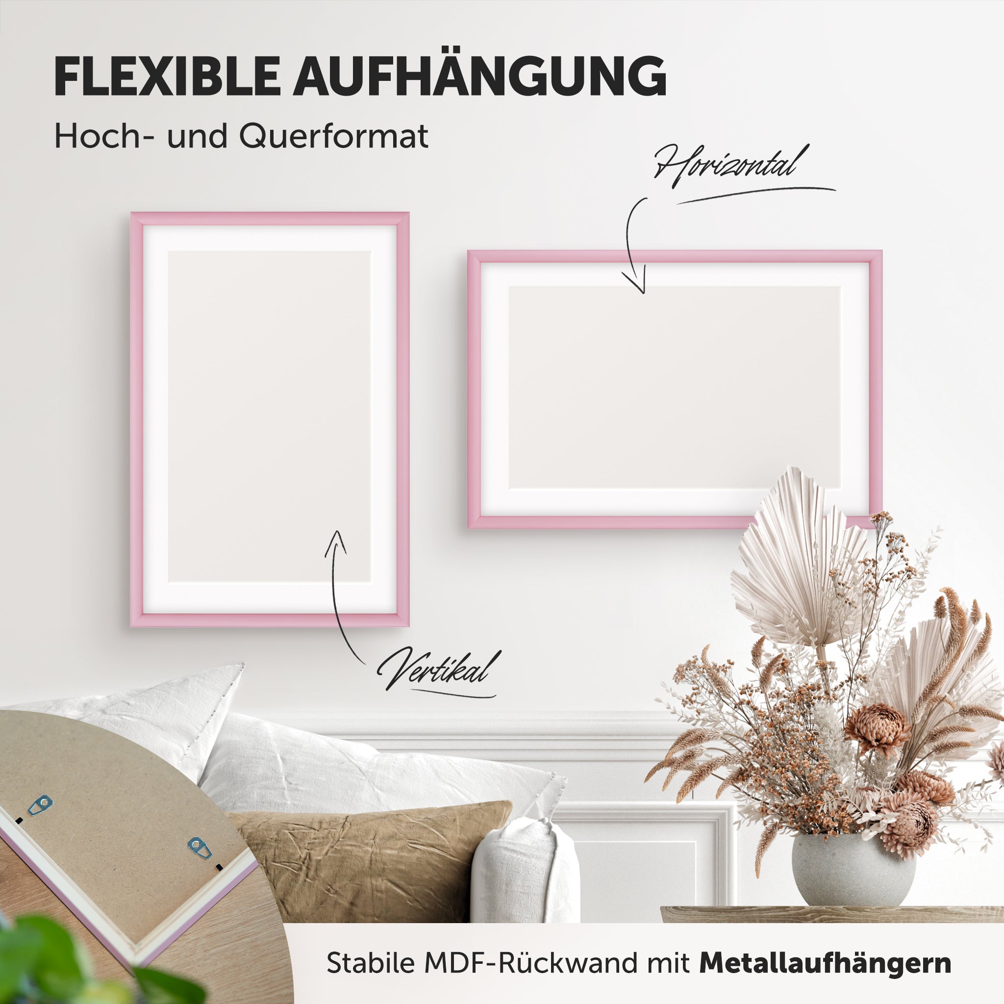 DÖRR Holz-Bilderrahmen Candy pink, horizontal und vertikal als Wandrahmen im Wohnbereich dekoriert, Rückseite mit Aufhängern