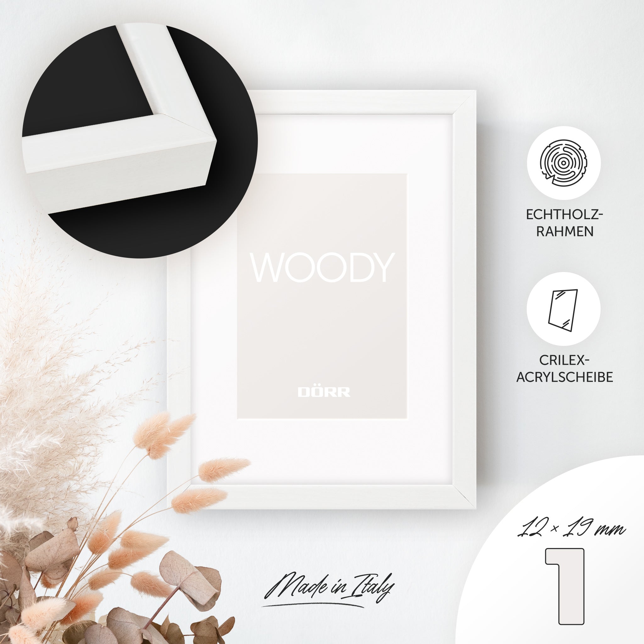 DÖRR Echtholz-Bilderrahmen Woody weiß, dekorativ an der Wand aufgehängt, mit Detailansicht der 12 x 19 mm schmalen Leiste